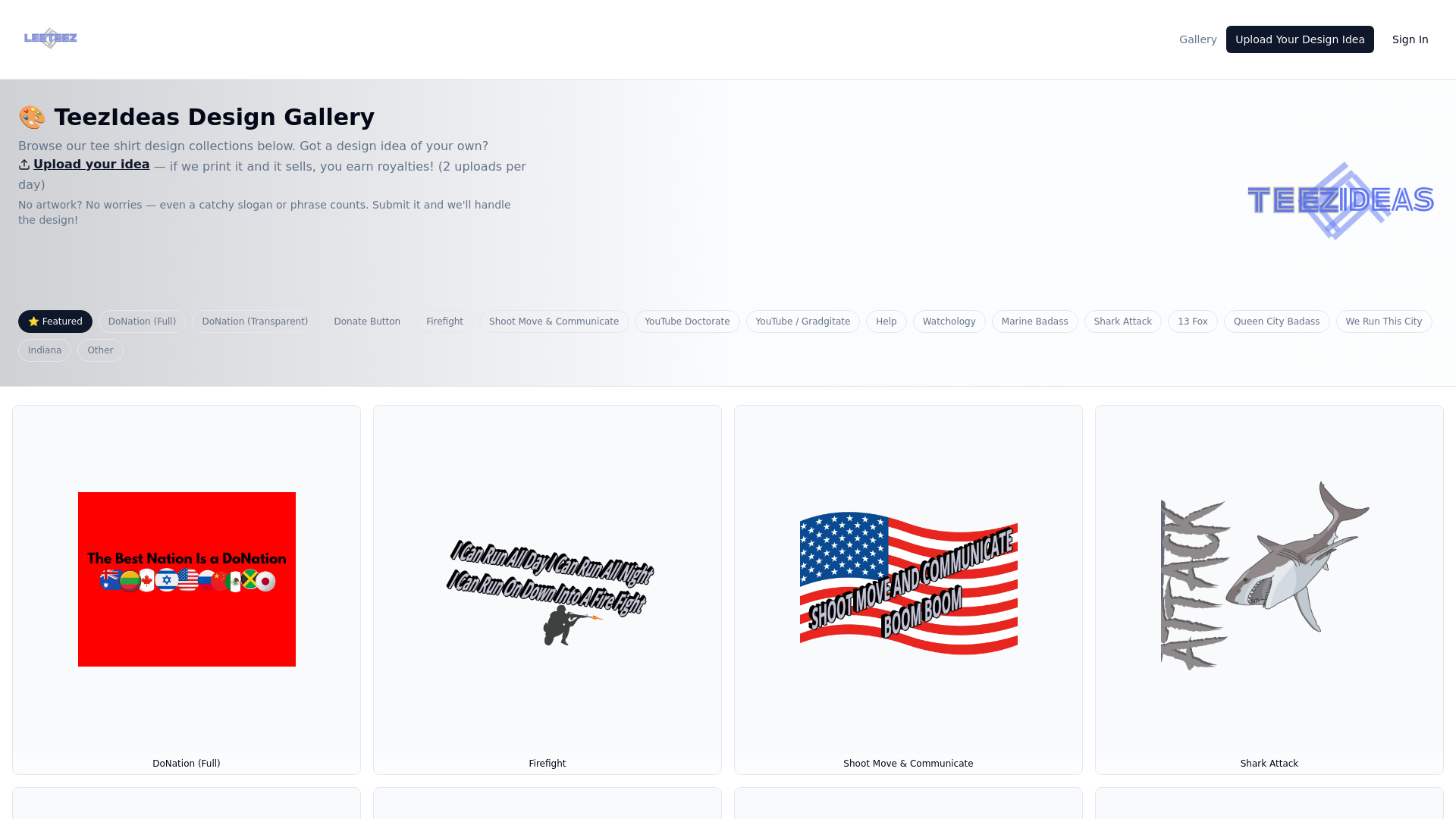 website screenshot of https://teezideas.com