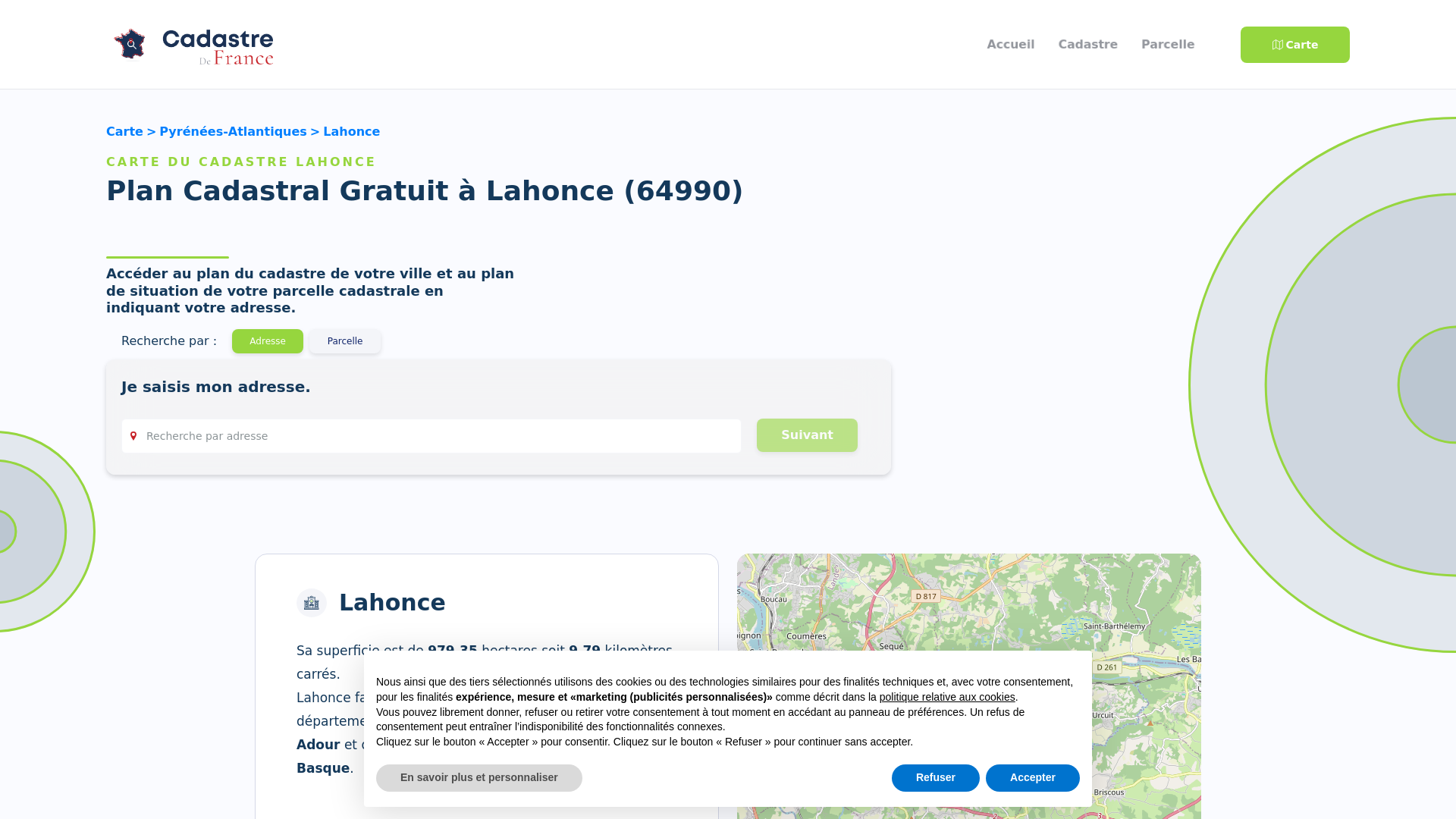 website screenshot of https://cadastrefrance.fr/carte/pyrenees-atlantiques/lahonce