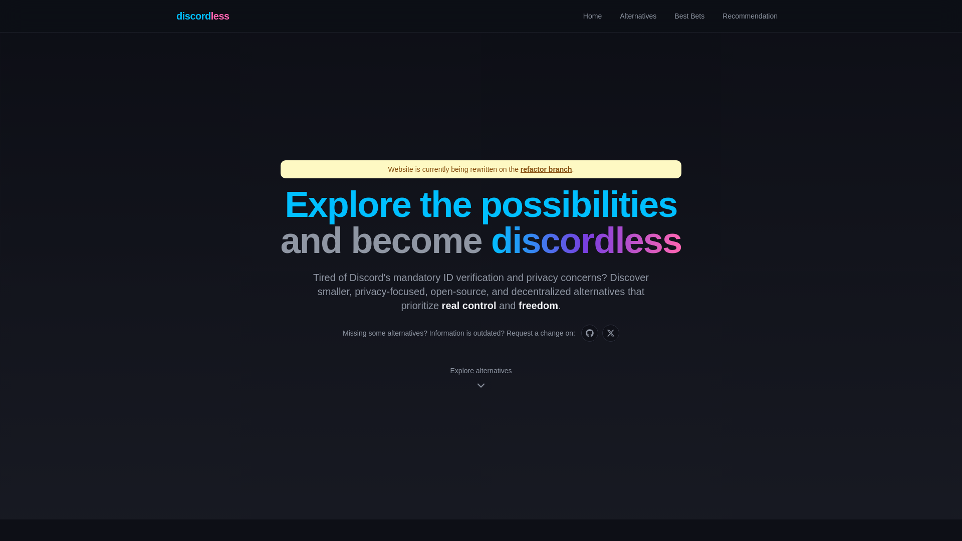 website screenshot of https://discordless.com/