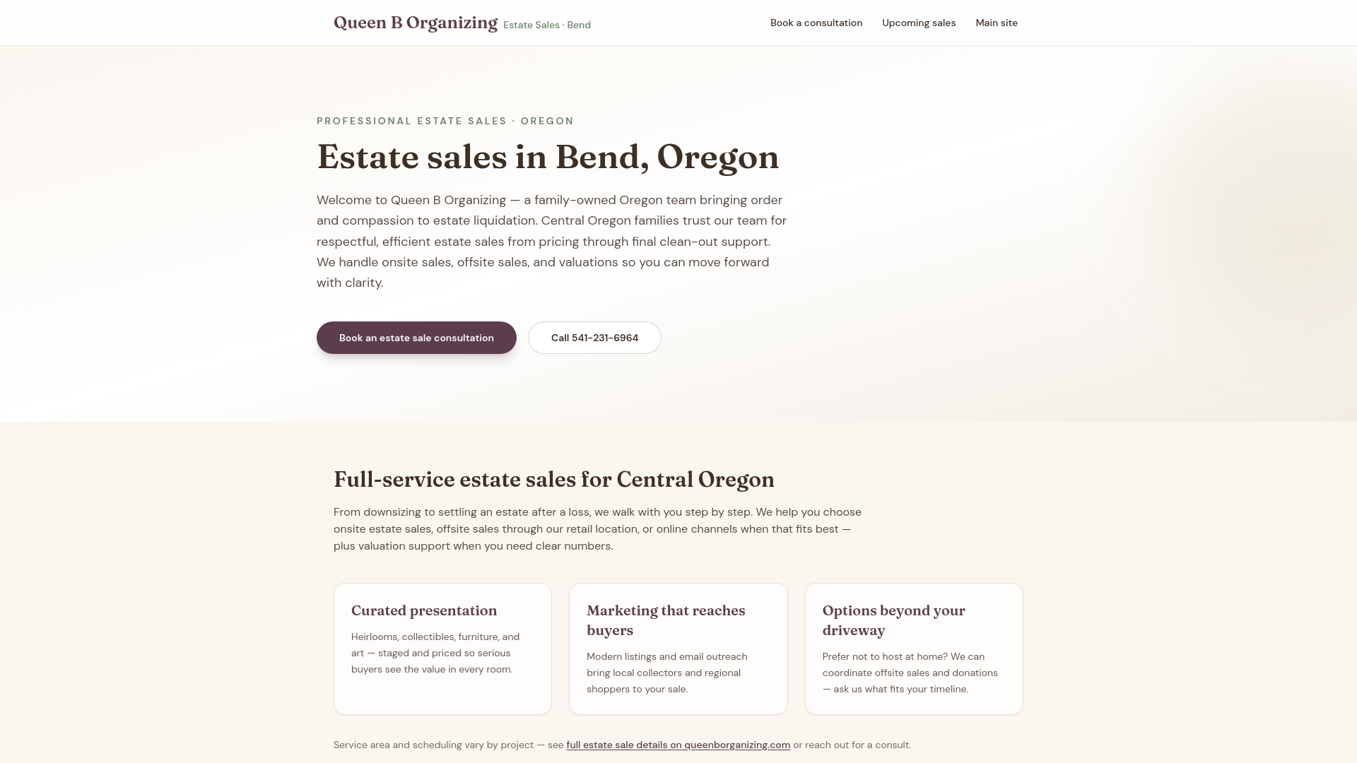 website screenshot of https://estatesalesbend.com