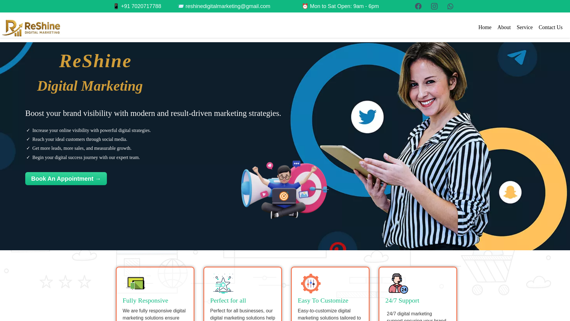 website screenshot of https://reshinedigitalmarketing.in
