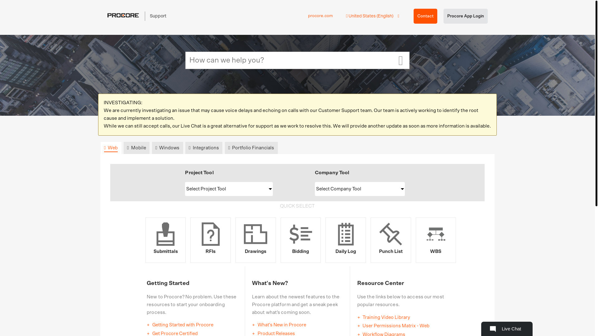 website screenshot of https://support.procore.com/