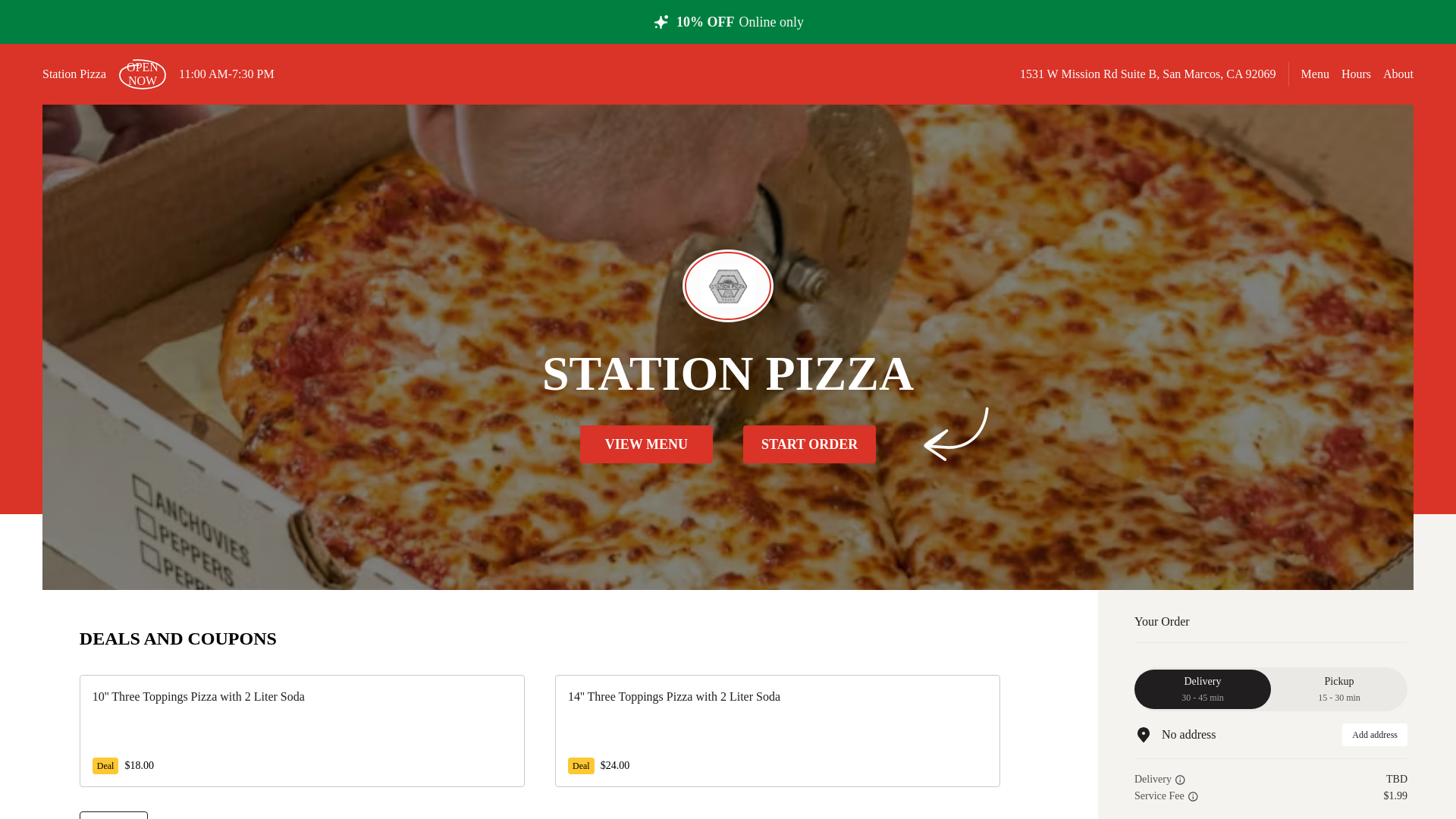 website screenshot of https://stationpizzaca.com