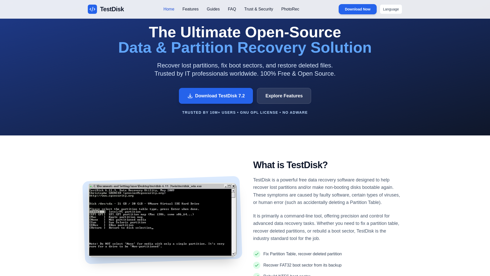 website screenshot of https://testdisk.dev