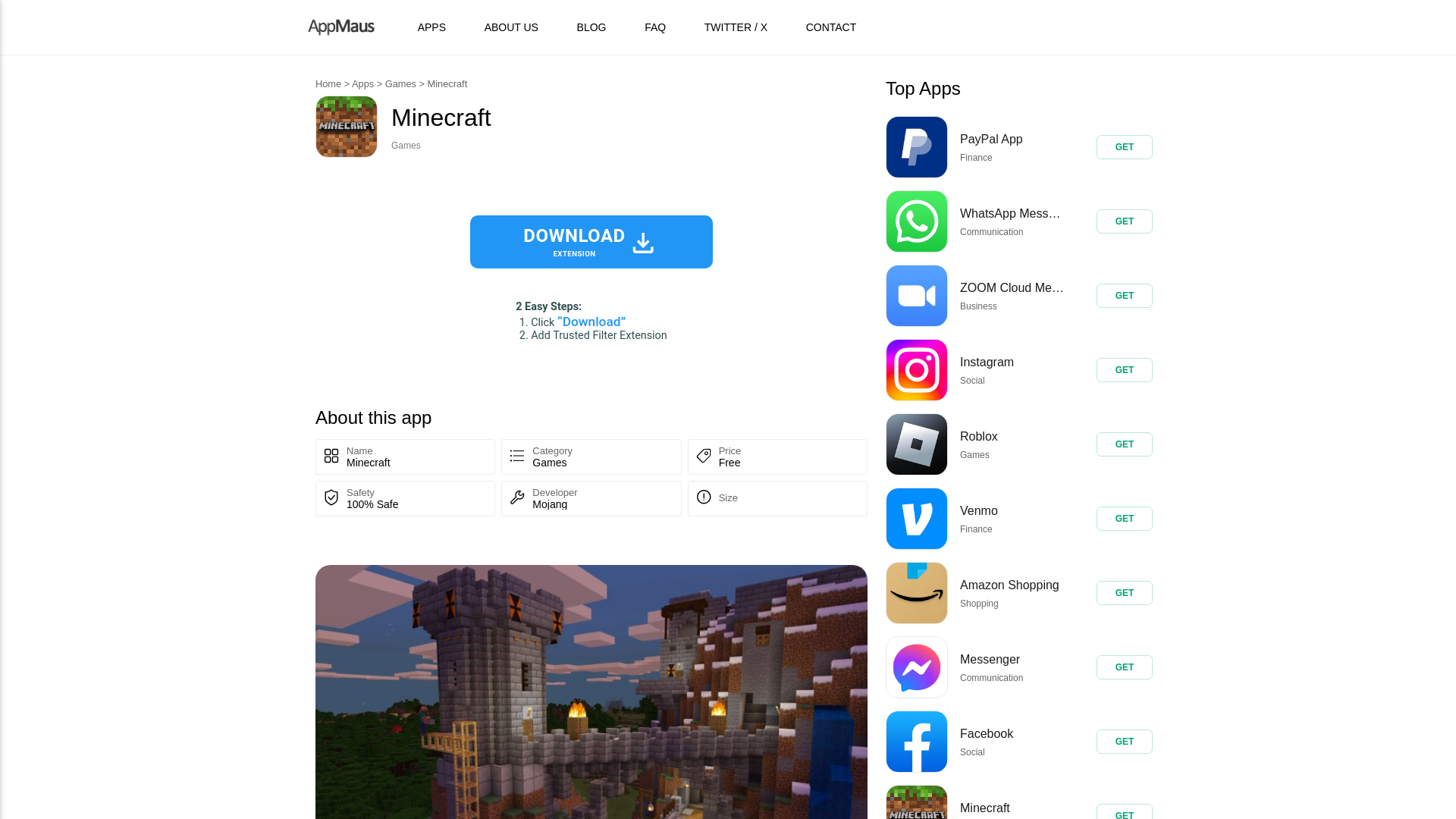 website screenshot of https://appmaus.com/app/minecraft?msclkid=47751d2038c31f6ffd9a7725820b9cf0
