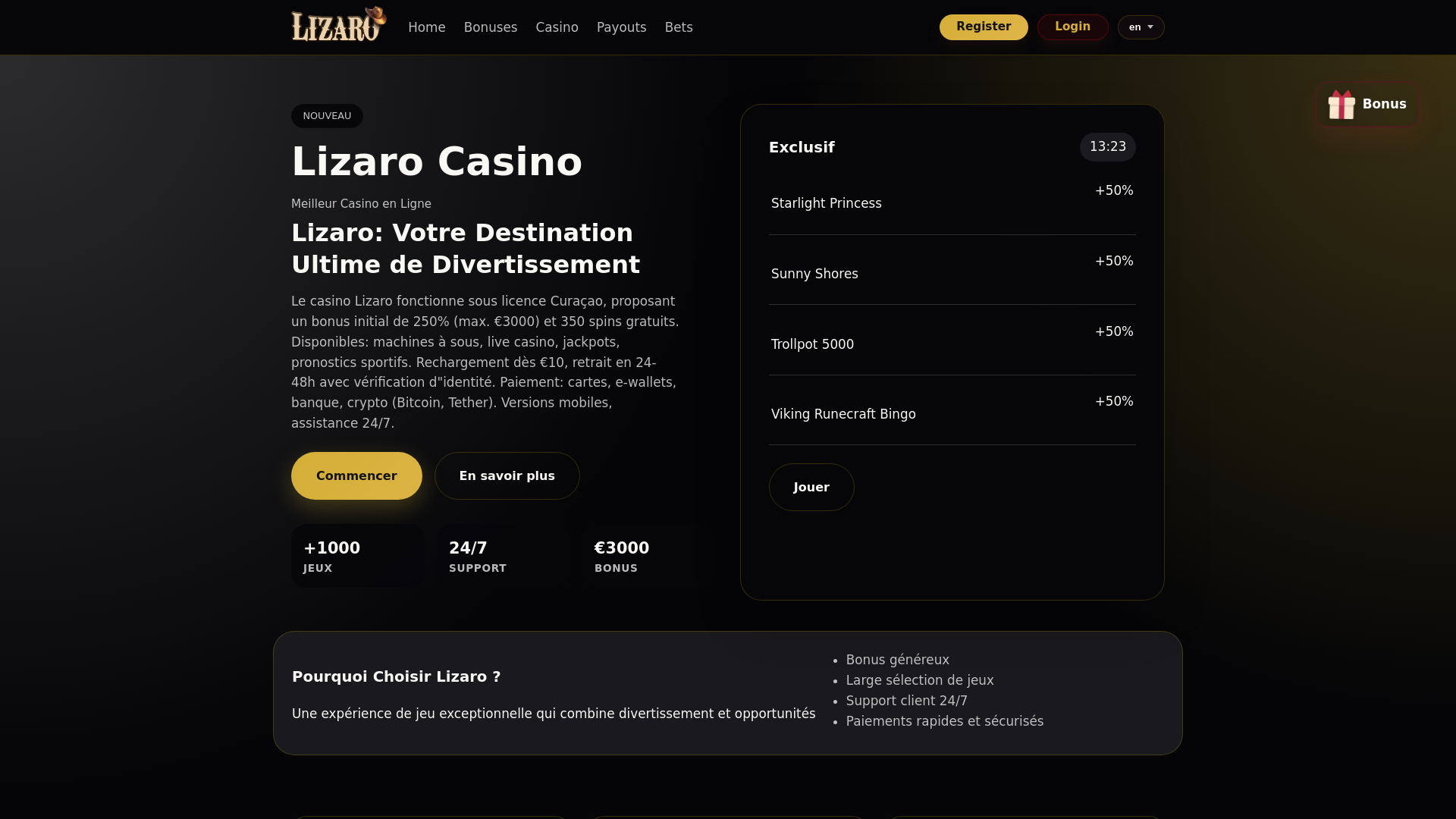 website screenshot of https://lizarocasinofr.net/