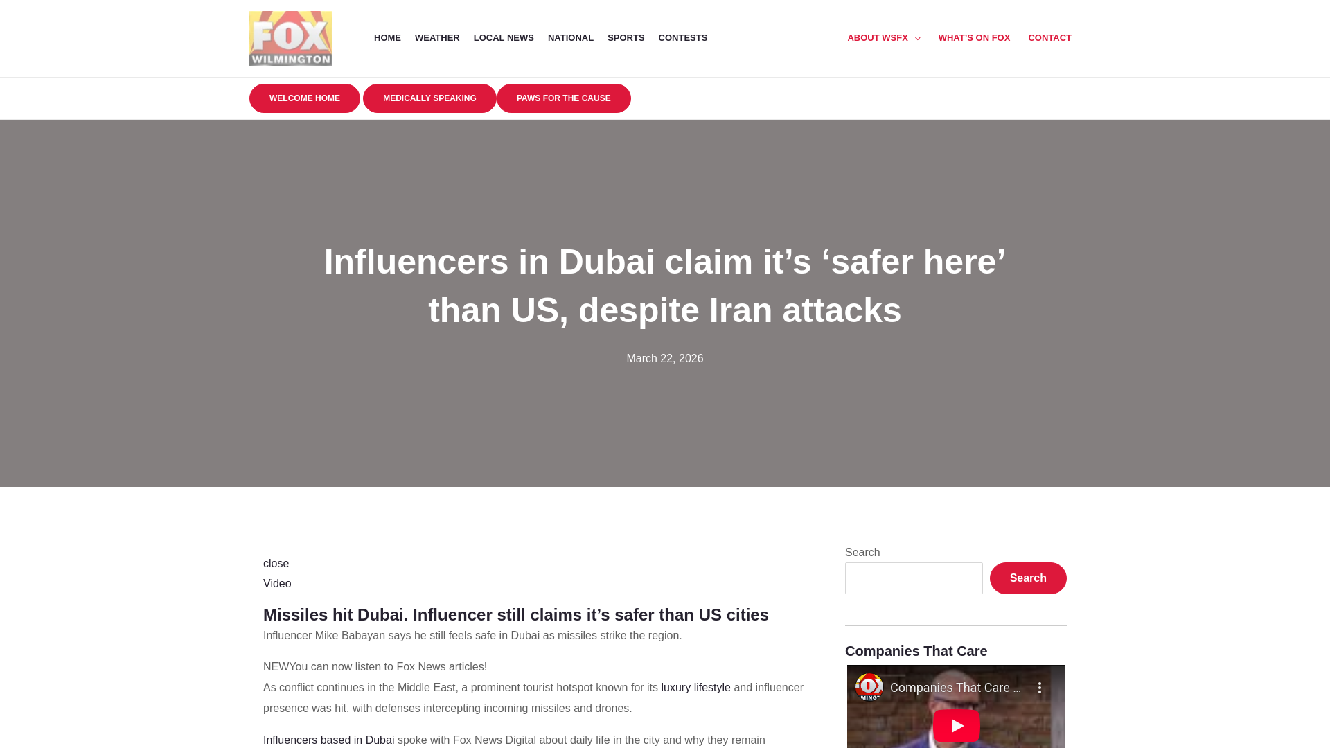 website screenshot of https://foxwilmington.com/influencers-in-dubai-claim-its-safer-here-than-us-despite-iran-attacks/
