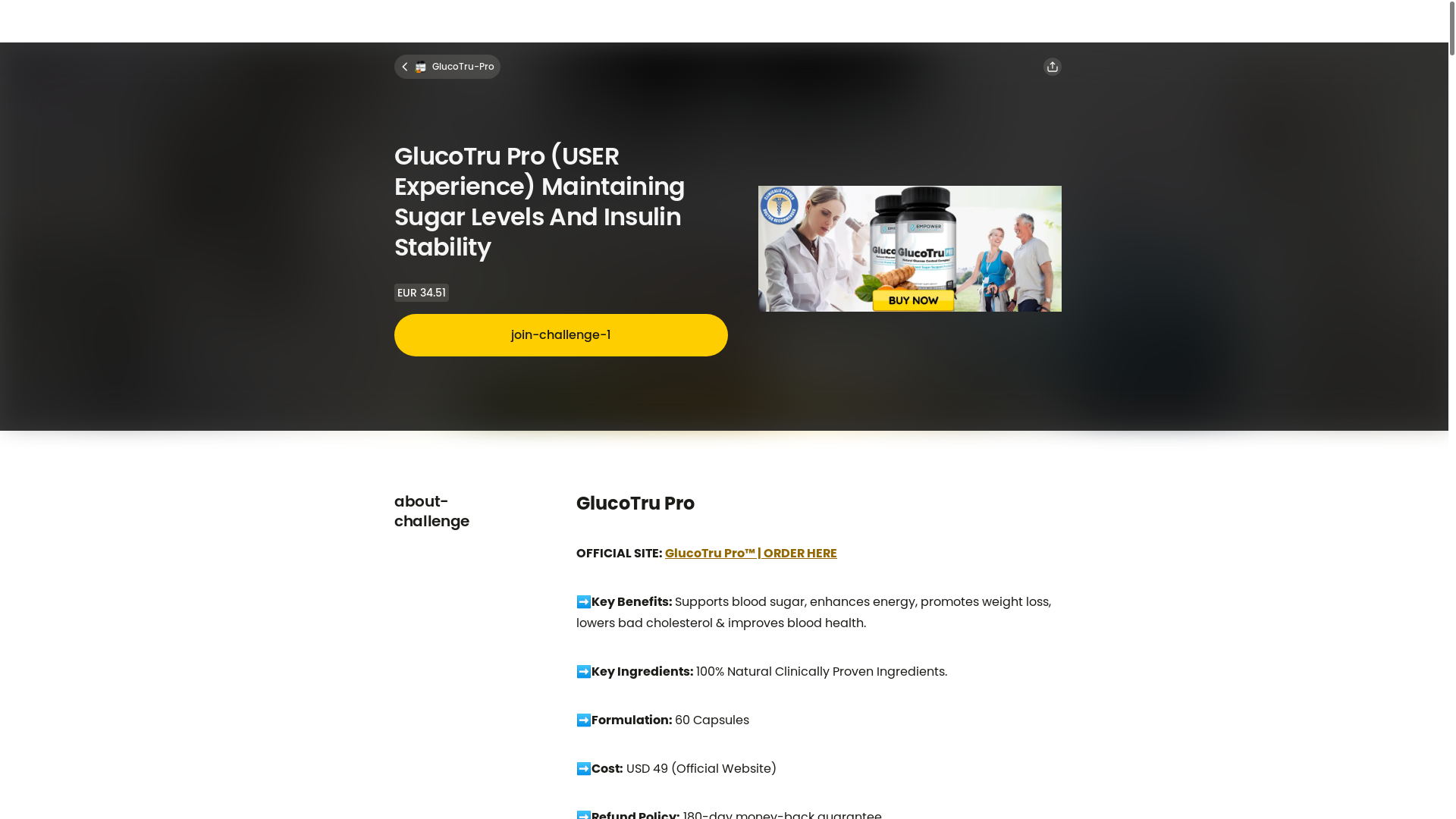 website screenshot of https://nas.io/glucotru-pro-usa/challenges/glucotru-pro-user-experience-maintaining-sugar-levels-and-insulin-stability