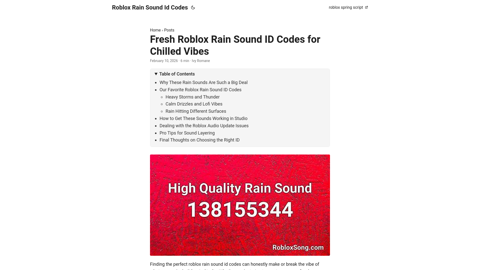 website screenshot of https://roblox-rain-sound-id-codes.pages.dev/