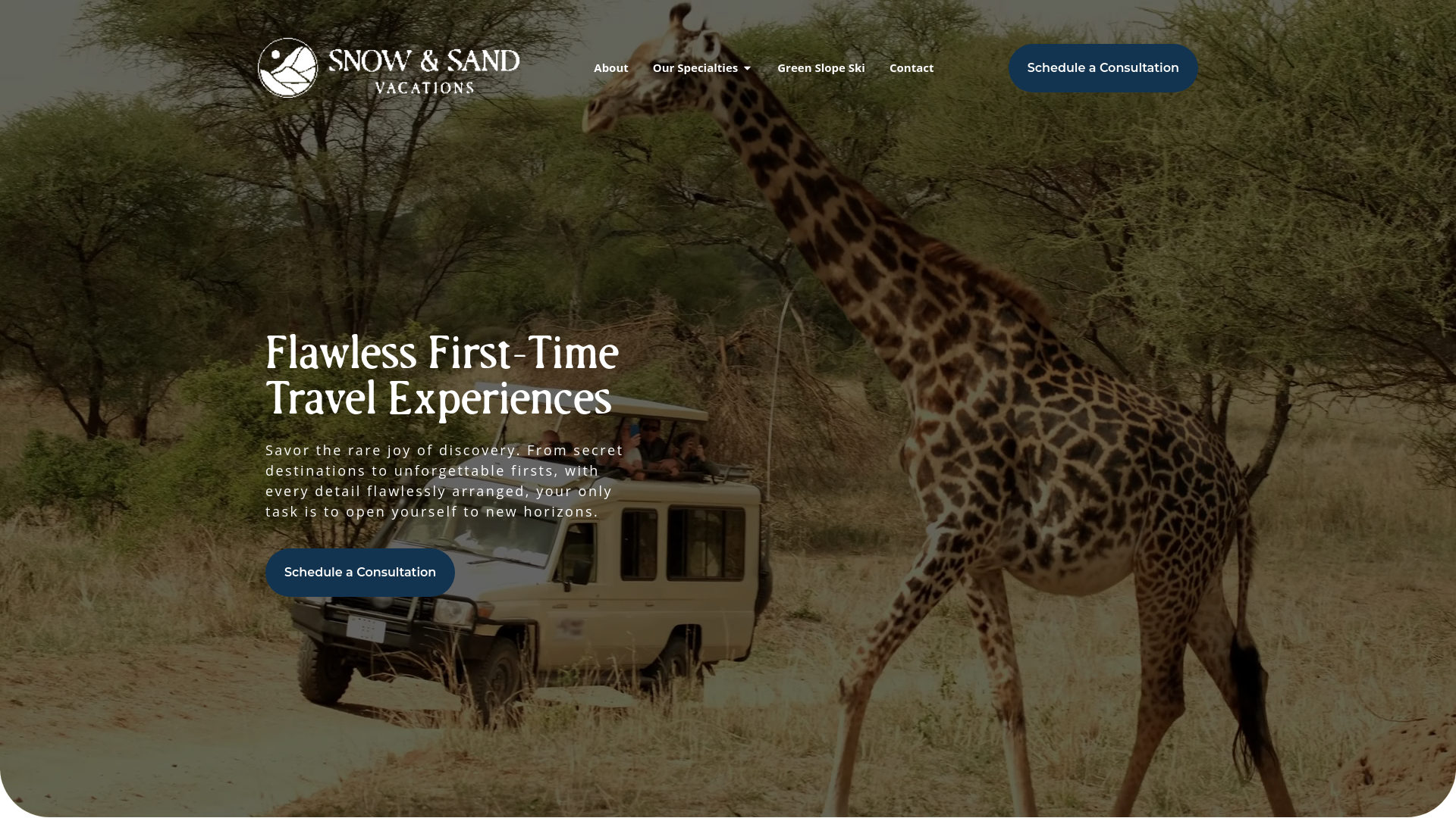 website screenshot of https://happysnowandsandvacations.com/