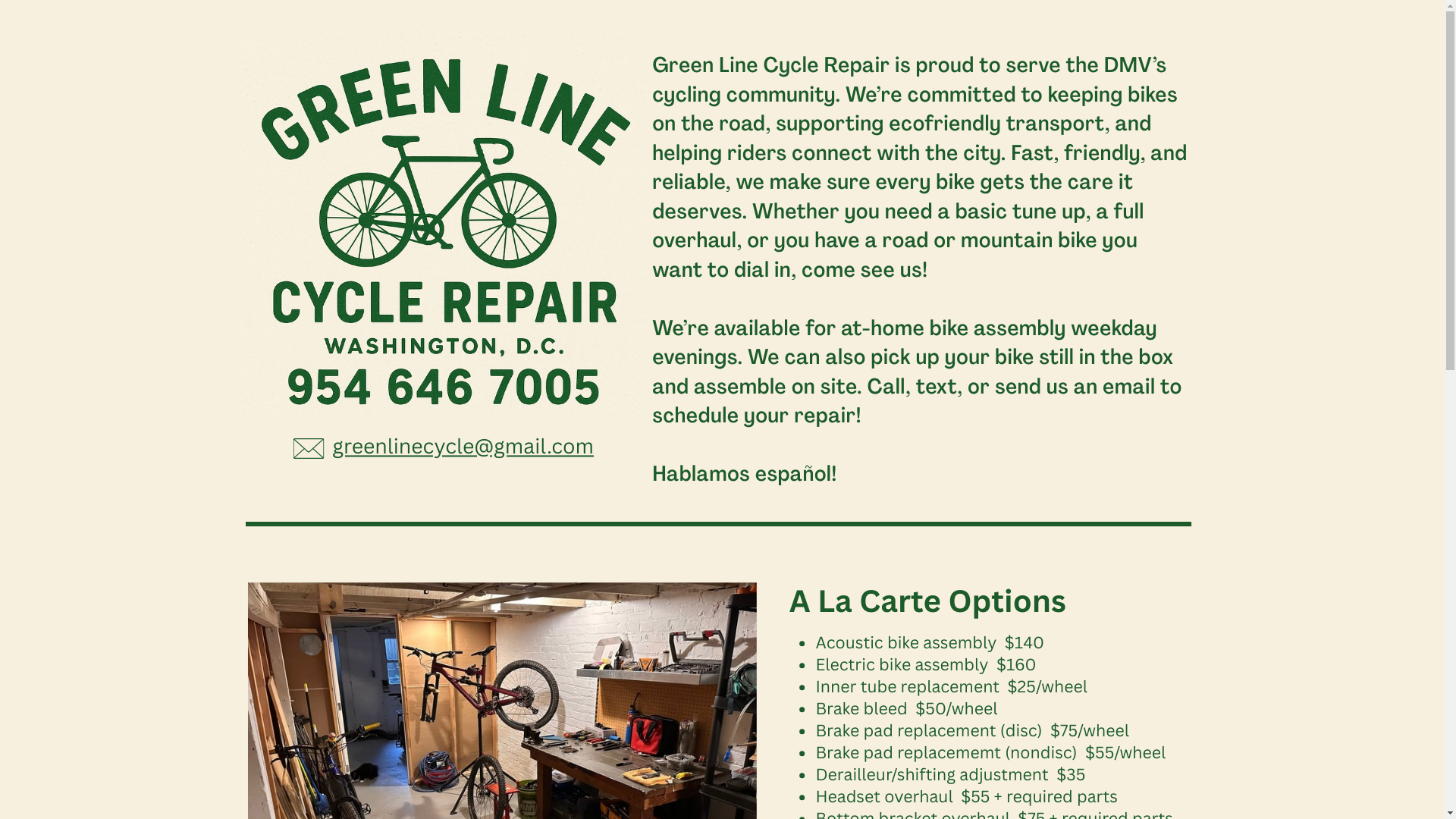 website screenshot of https://greenlinecyclerepair.com/
