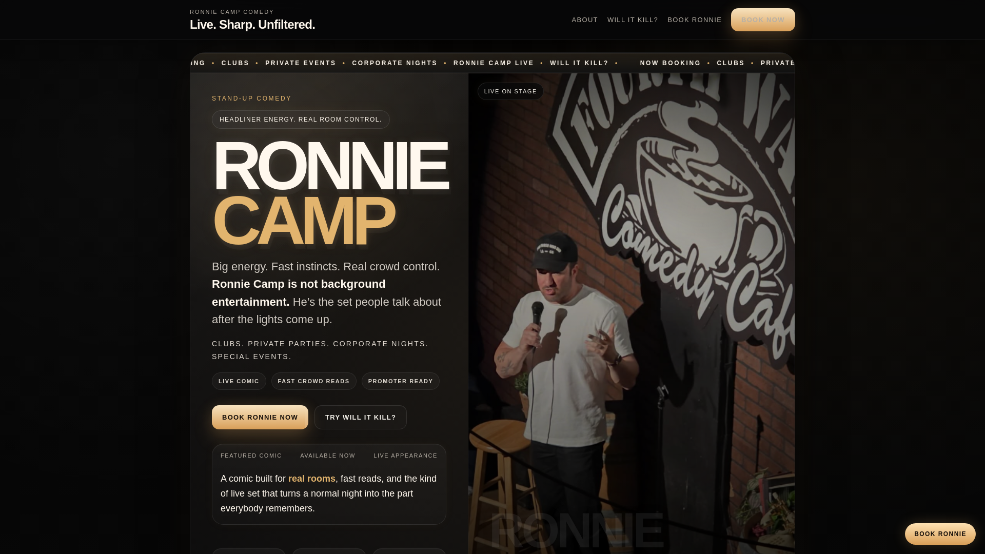 website screenshot of https://ronniecampcomedy.com/