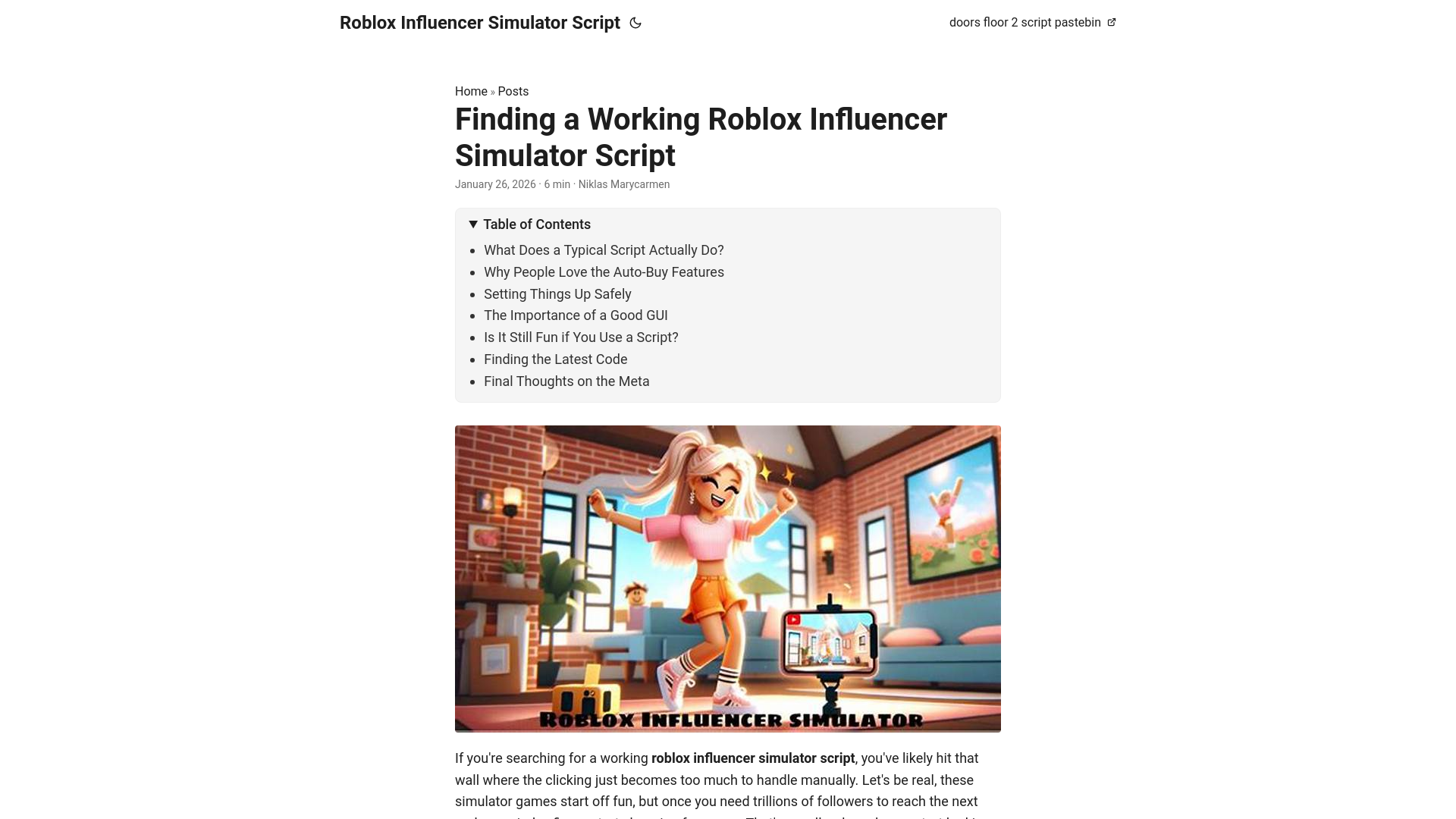 website screenshot of https://roblox-influencer-simulator-script.pages.dev/