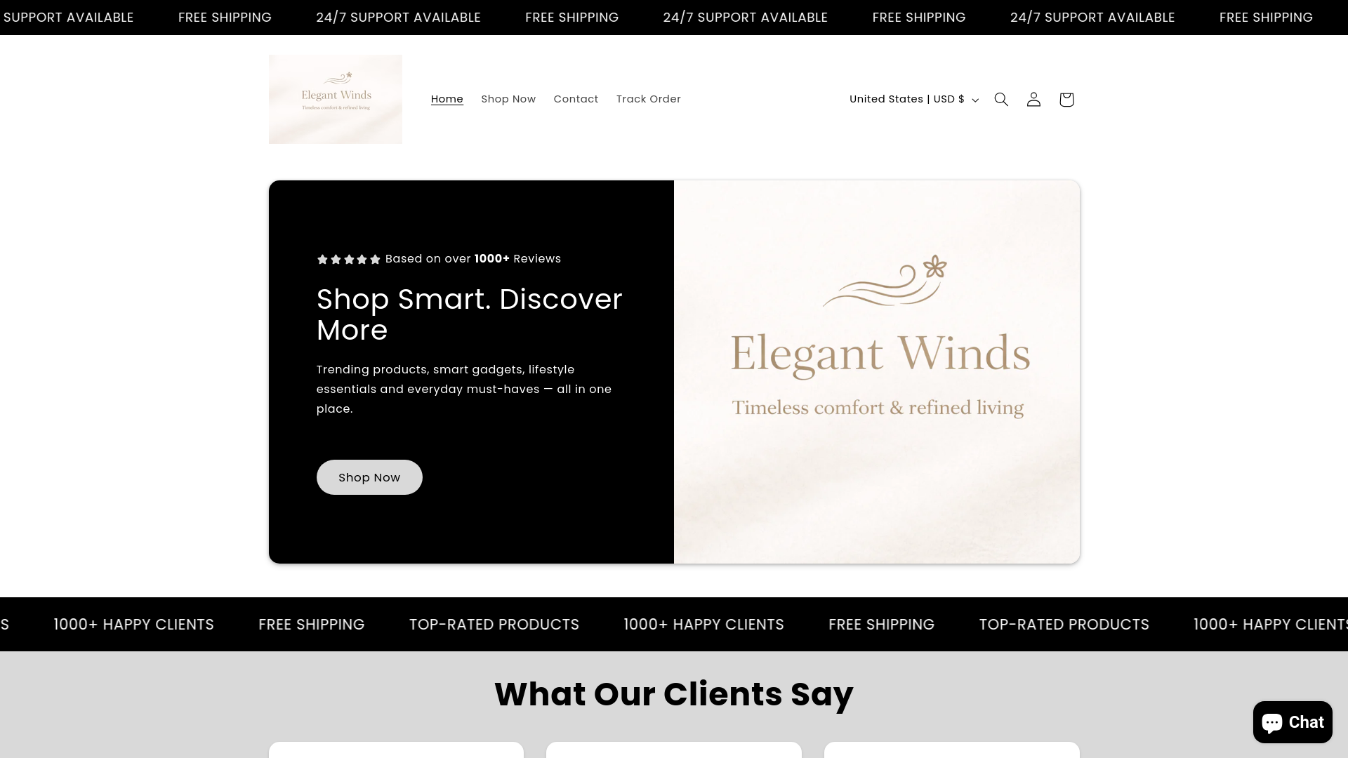website screenshot of https://elegantwinds.com/
