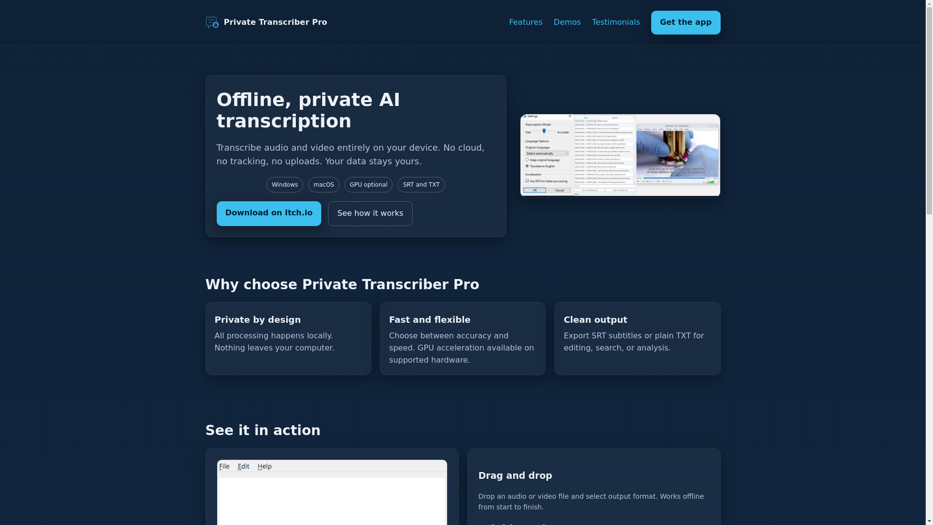 website screenshot of https://privatetranscriberpro.pages.dev/