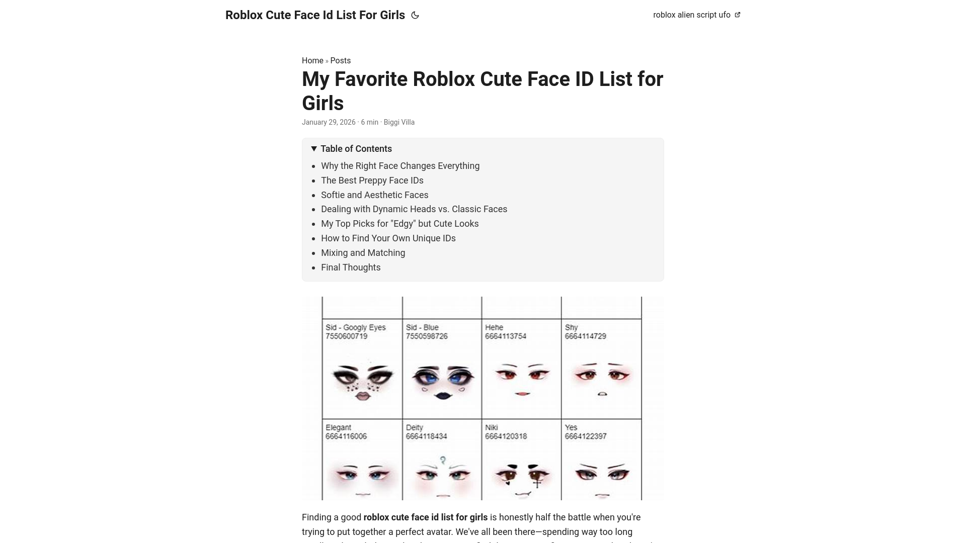 website screenshot of https://roblox-cute-face-id-list-for-girls.pages.dev/