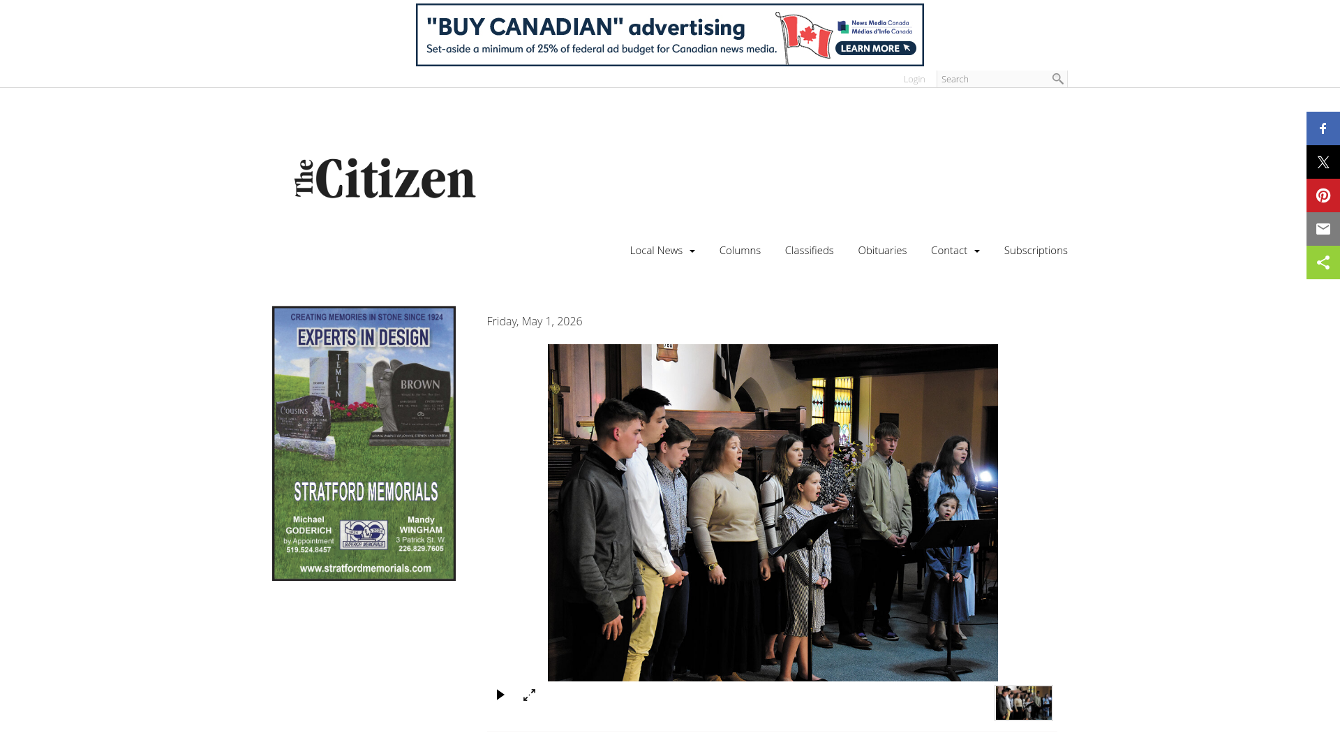 website screenshot of https://www.huroncitizen.ca/mental-health-week-concert-ensures-brent-powell-s-legacy-lives-on