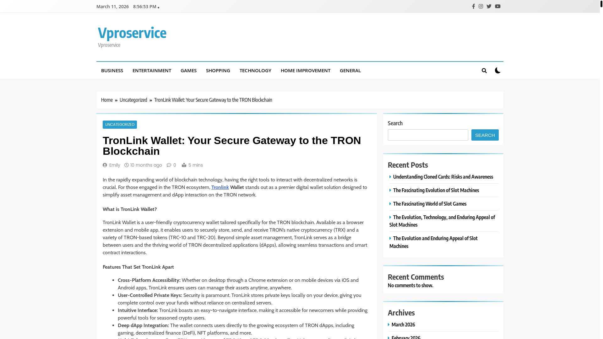 website screenshot of https://vproservice.com/tronlink-wallet-your-secure-gateway-to-the-tron-blockchain/