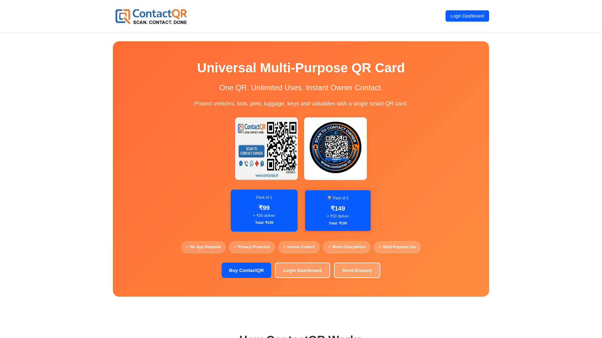 website screenshot of https://contactqr.in