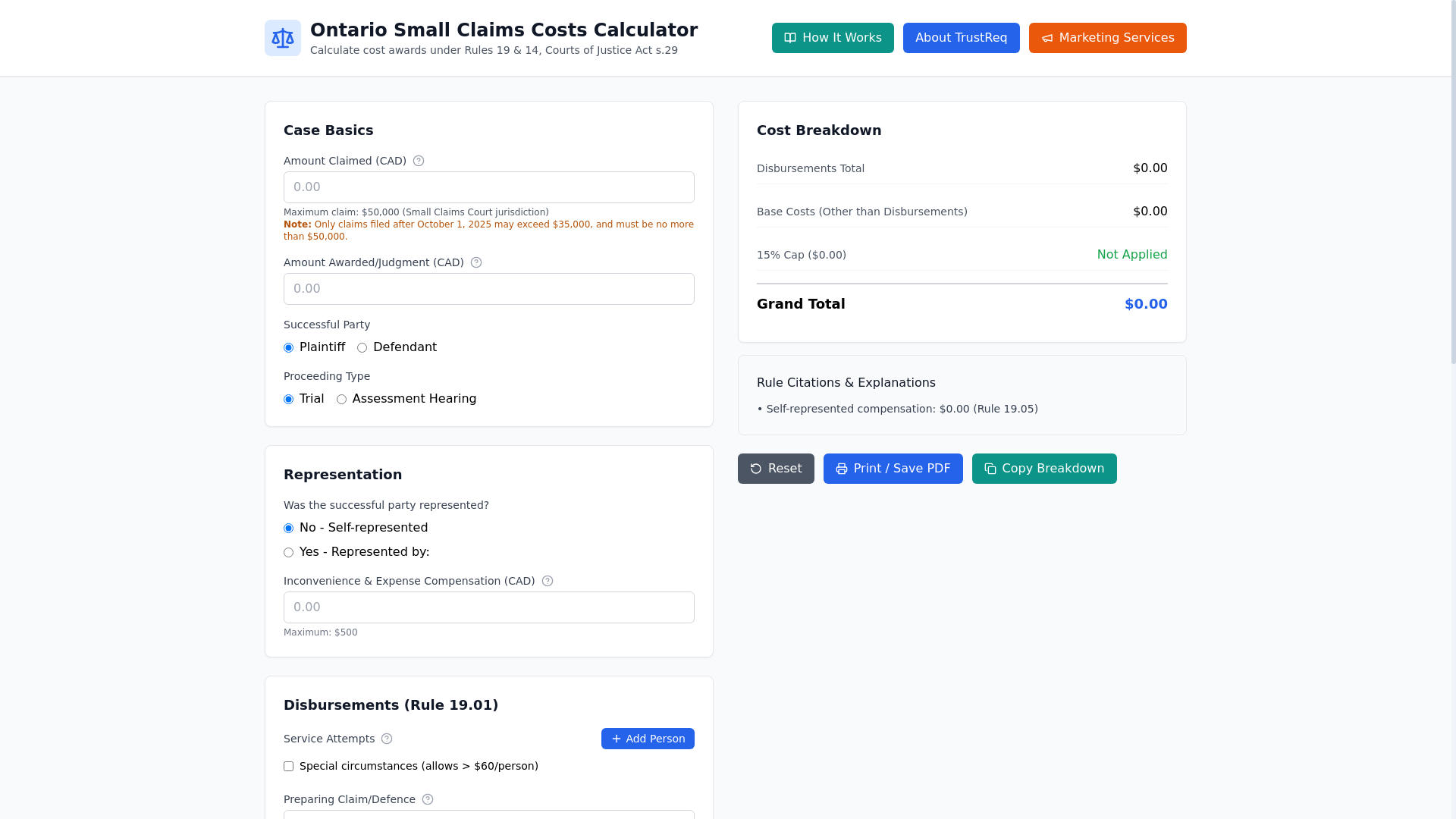 website screenshot of https://costawardcalculator.com/