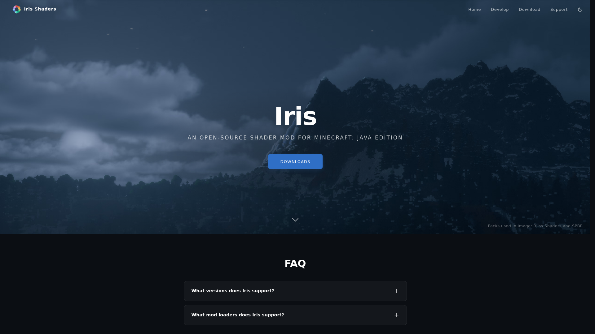 website screenshot of https://www.irisshaders.dev/
