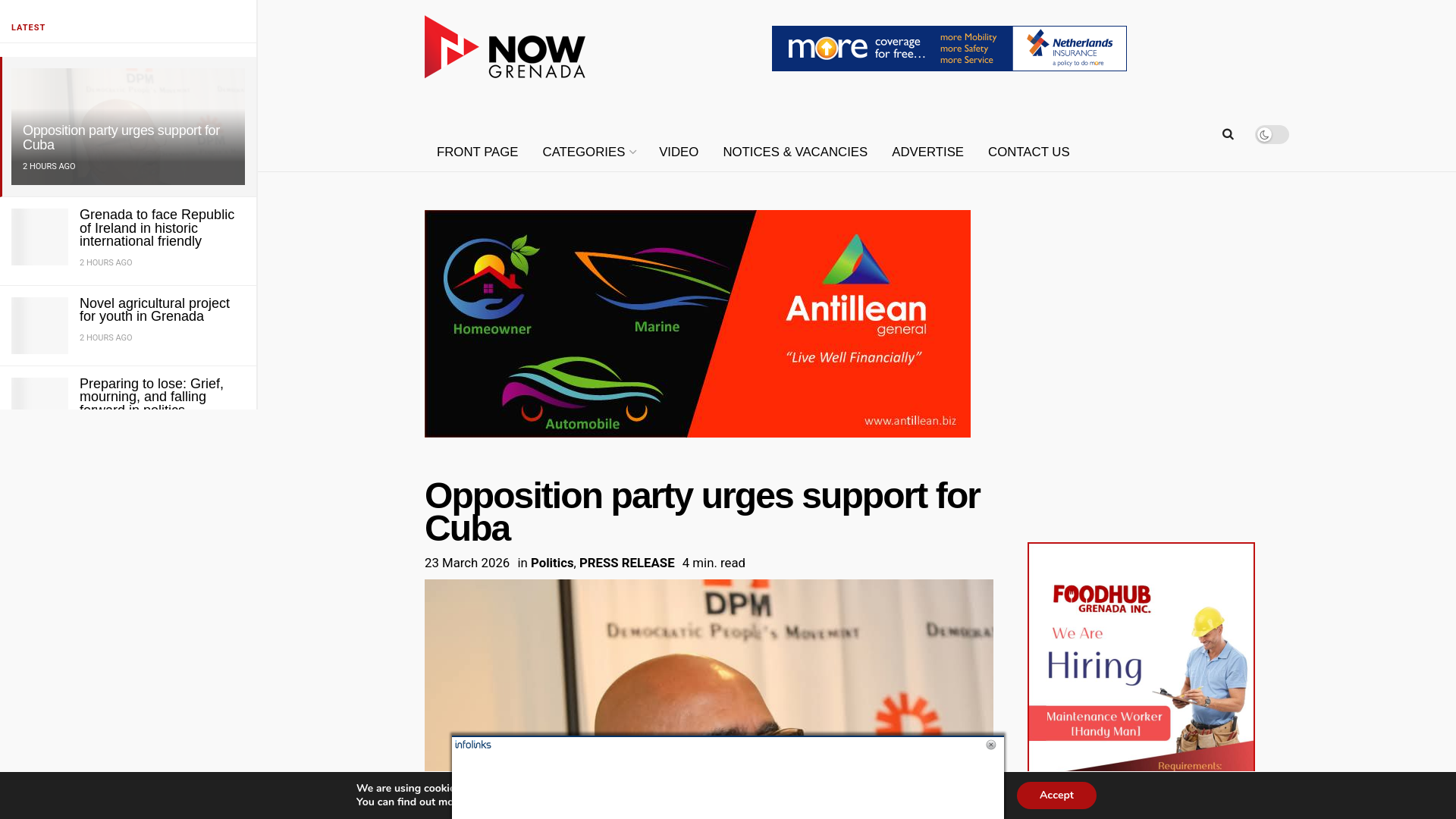 website screenshot of https://nowgrenada.com/2026/03/opposition-party-urges-support-for-cuba/