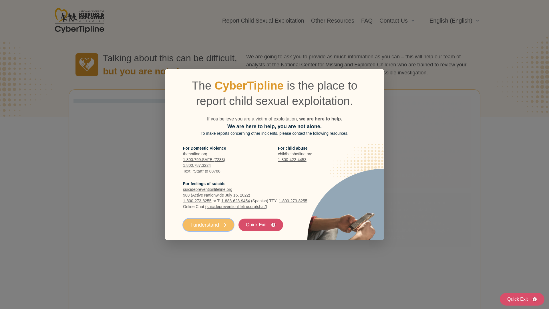 website screenshot of https://report.cybertip.org/reporting