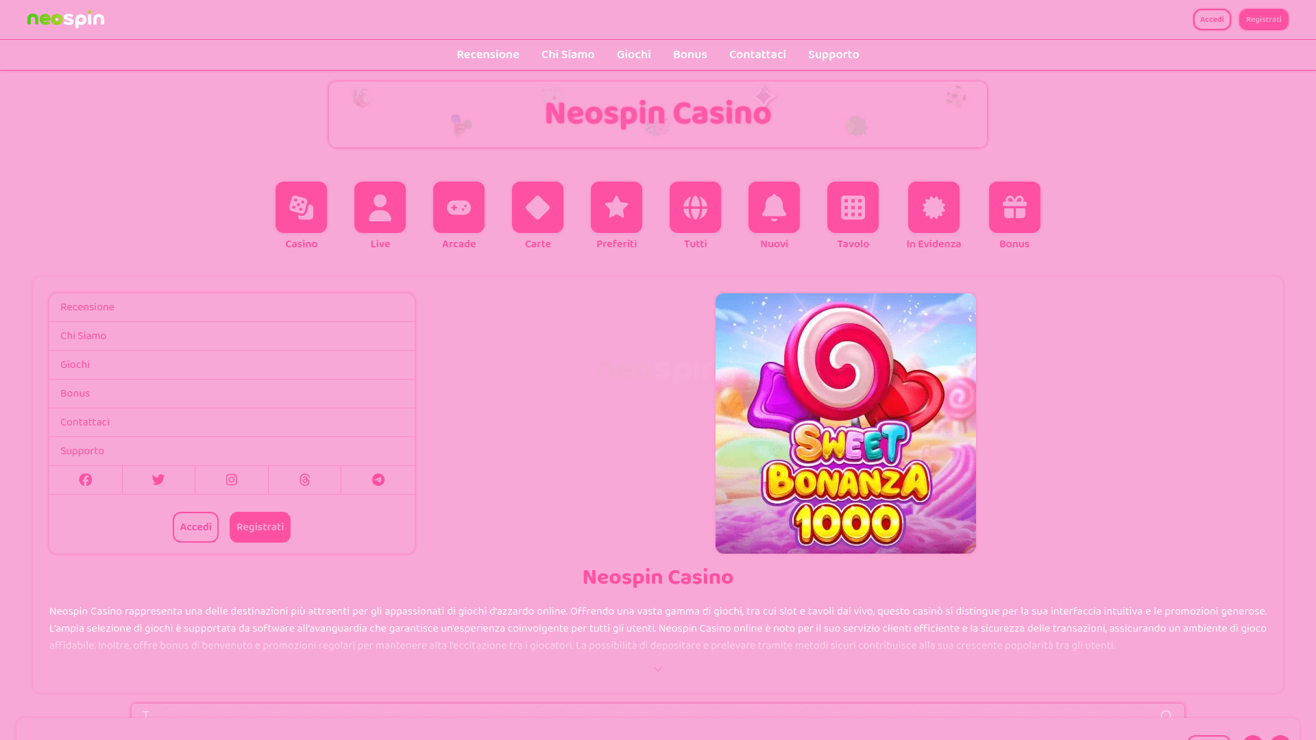 website screenshot of https://neospincasino.it/