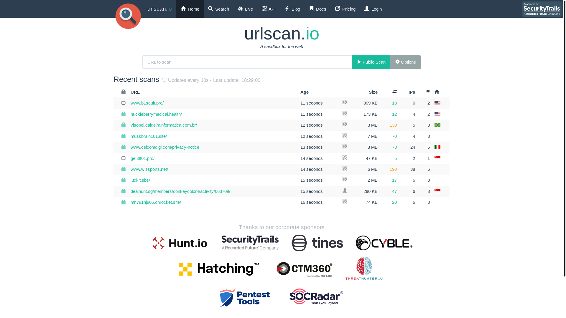 website screenshot of https://urlscan.io/