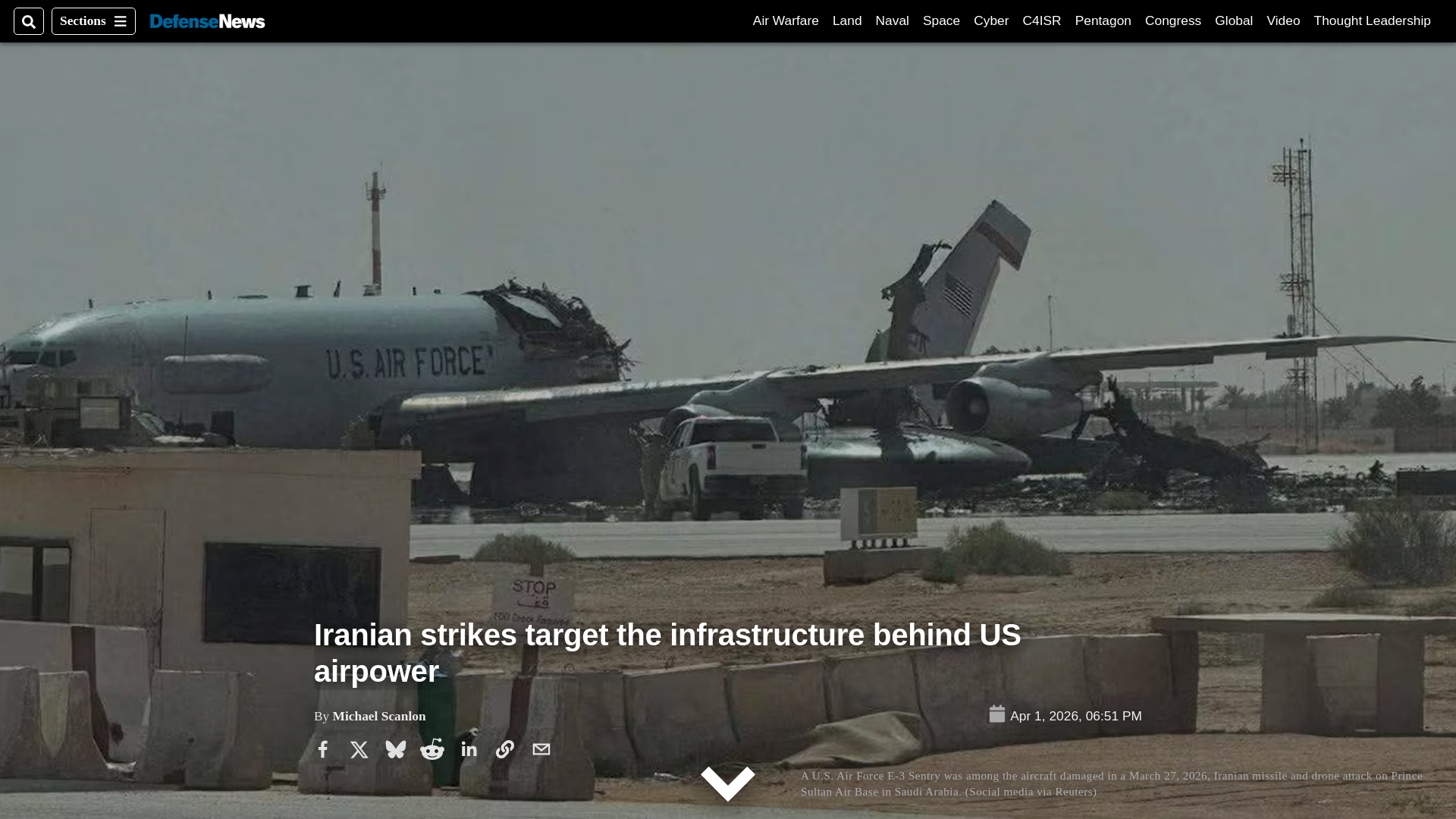 website screenshot of https://www.defensenews.com/global/mideast-africa/2026/04/01/iranian-strikes-target-the-infrastructure-behind-us-airpower/