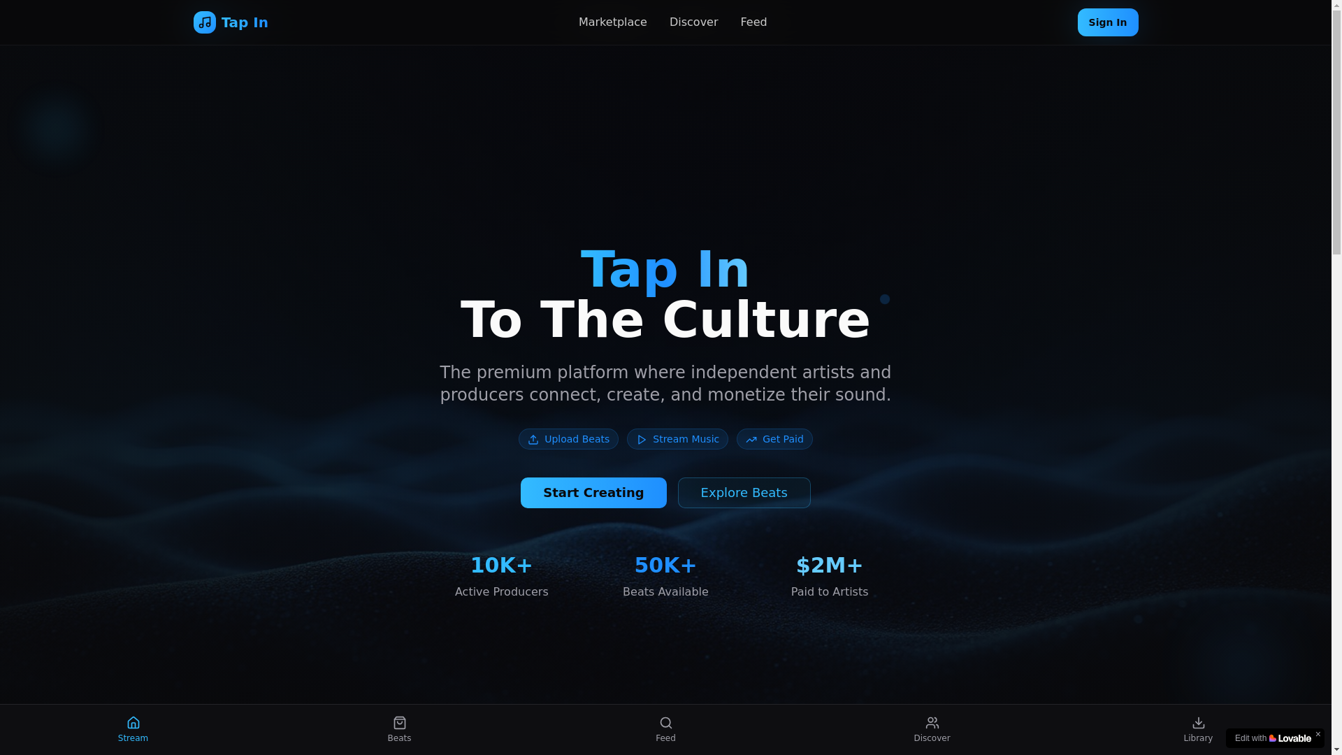 website screenshot of https://tapinmusic.com/