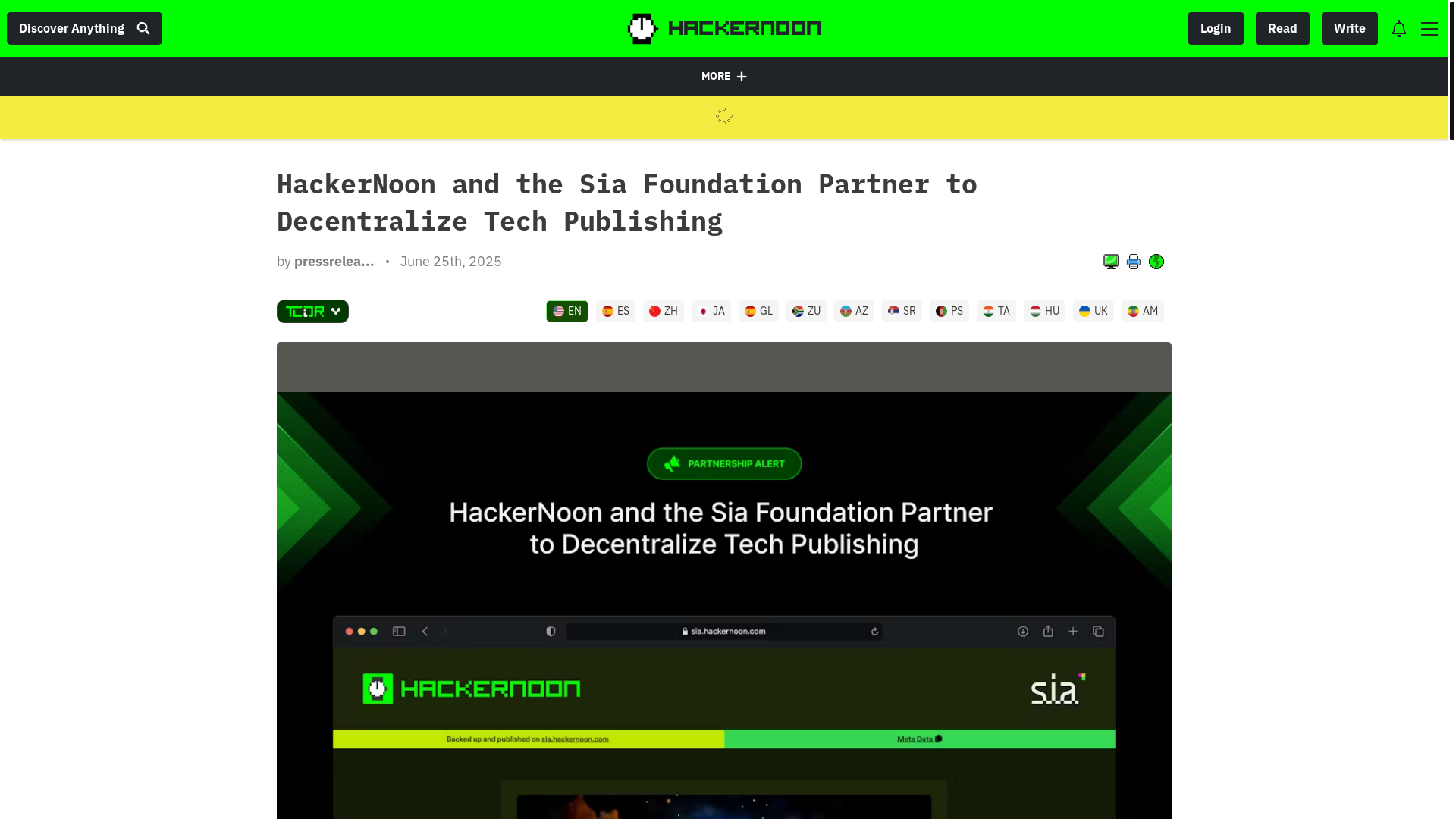 website screenshot of https://hackernoon.com/hackernoon-and-the-sia-foundation-partner-to-decentralize-tech-publishing