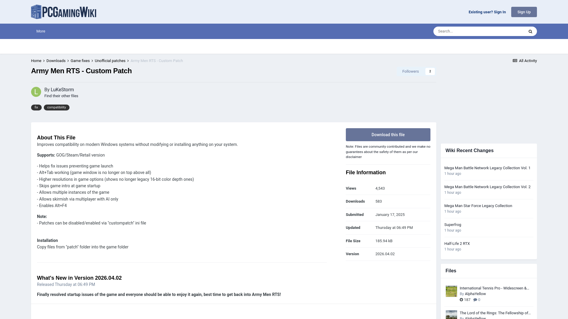 website screenshot of https://community.pcgamingwiki.com/files/file/3215-army-men-rts-custom-patch