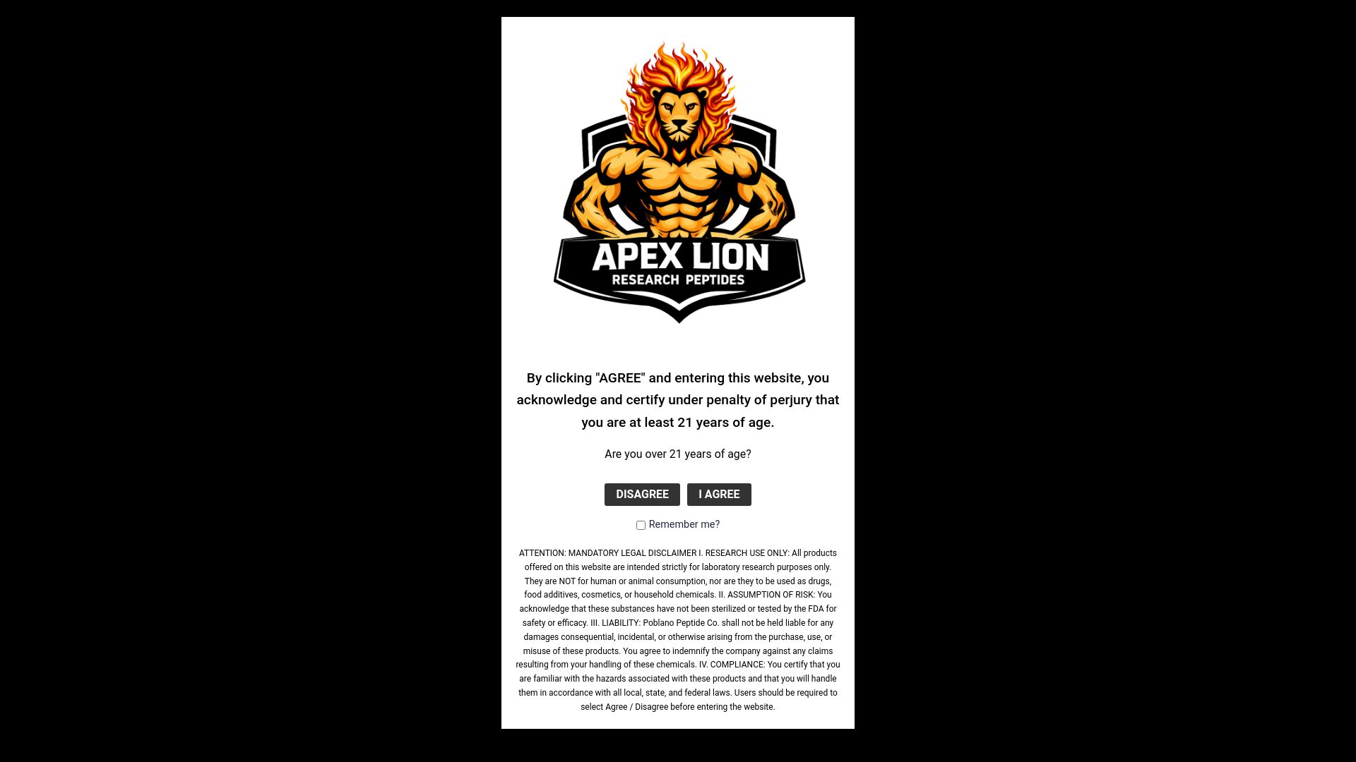 website screenshot of https://apexlionpeptides.com