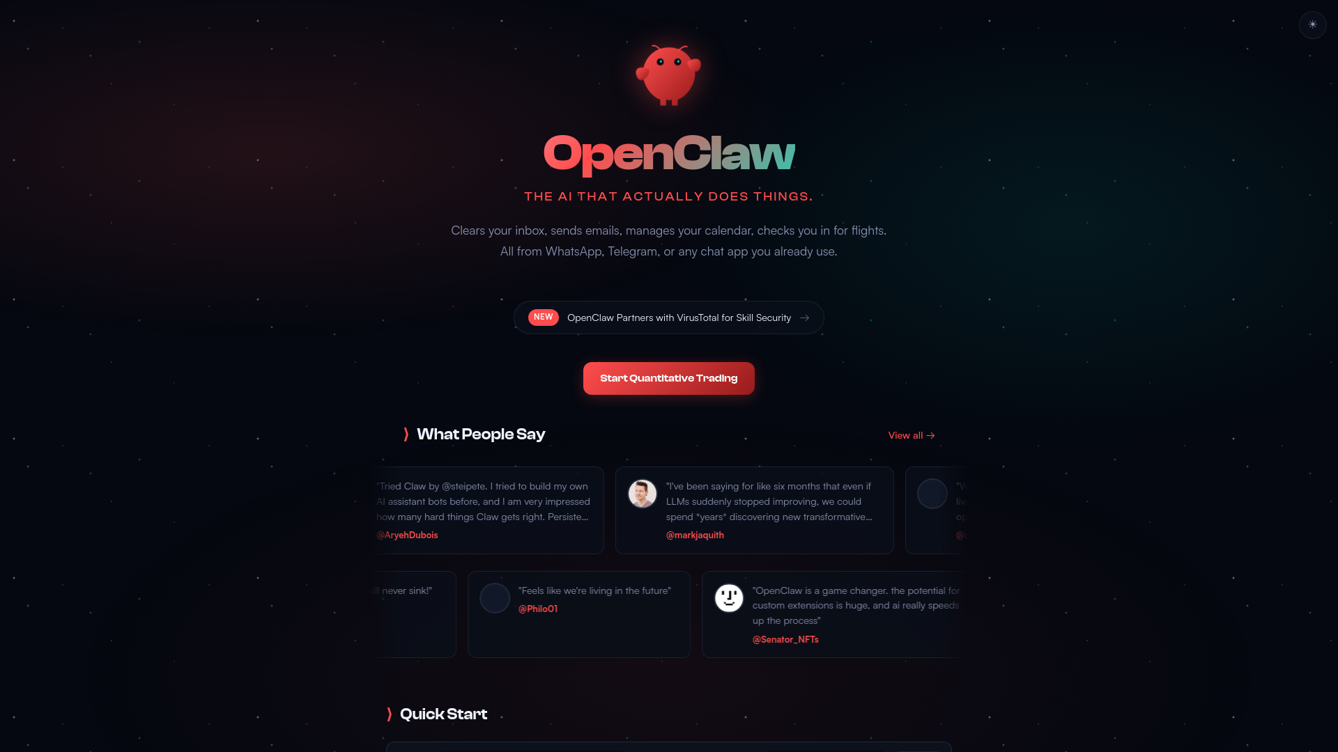 website screenshot of https://openclawquant.ai