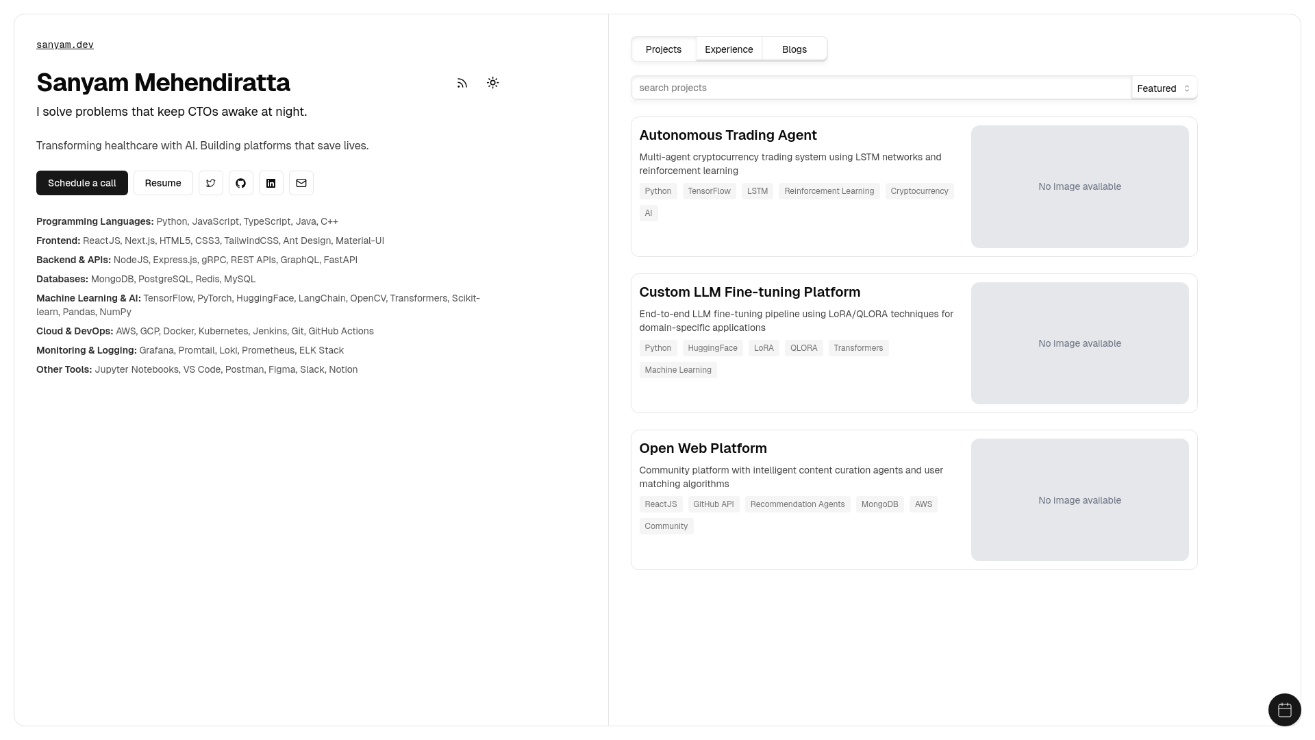 website screenshot of https://sanyams.tech/