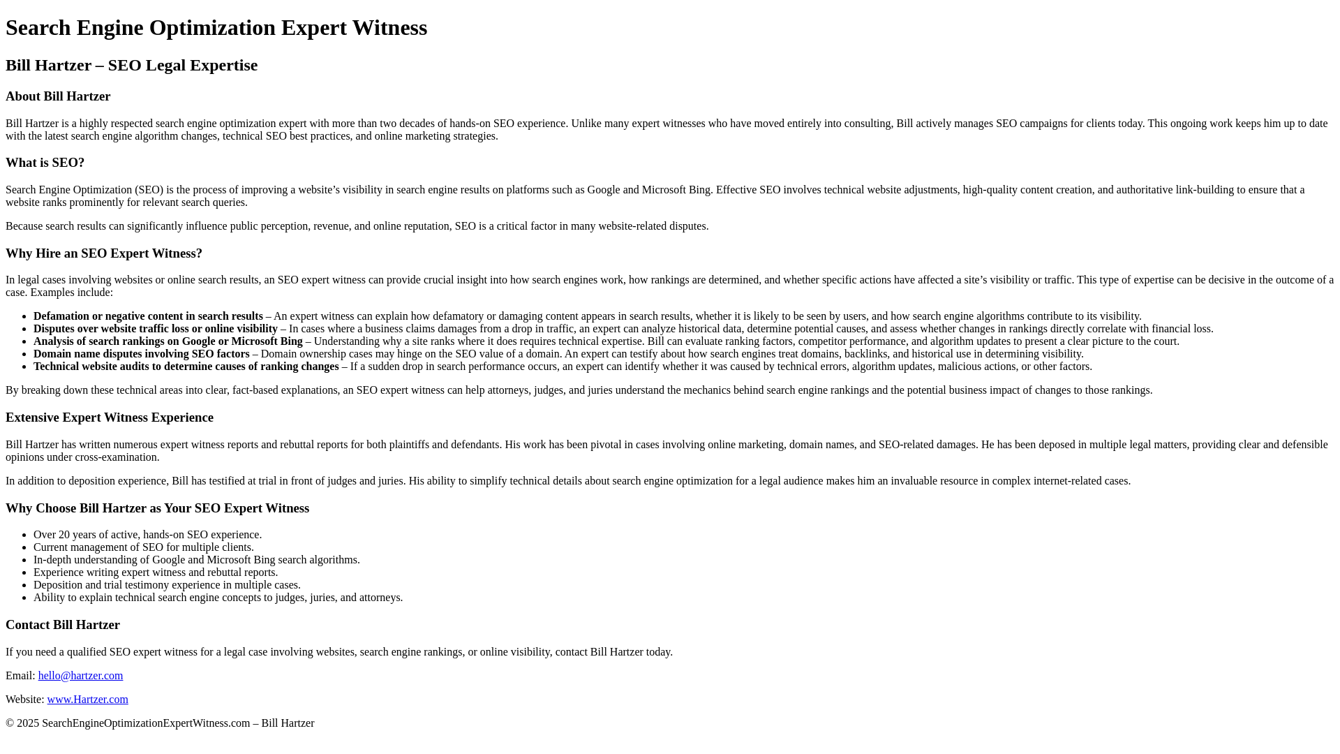 website screenshot of https://searchengineoptimizationexpertwitness.com/