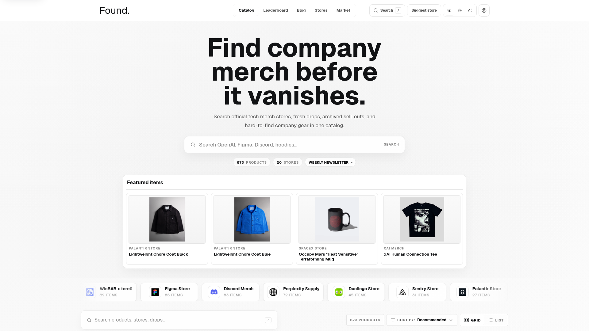 website screenshot of https://foundmerch.com/