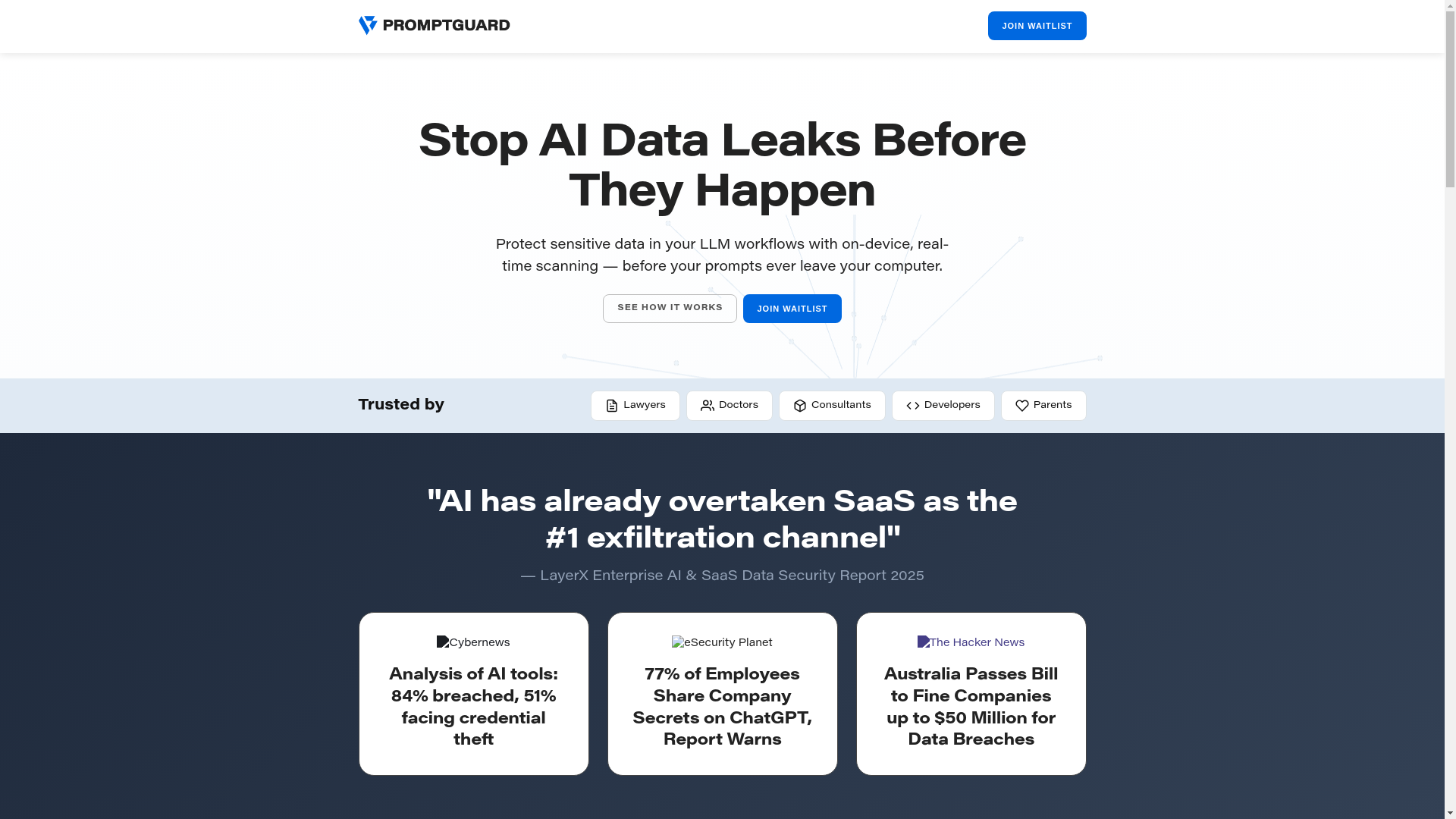 website screenshot of https://getpromptguard.com/