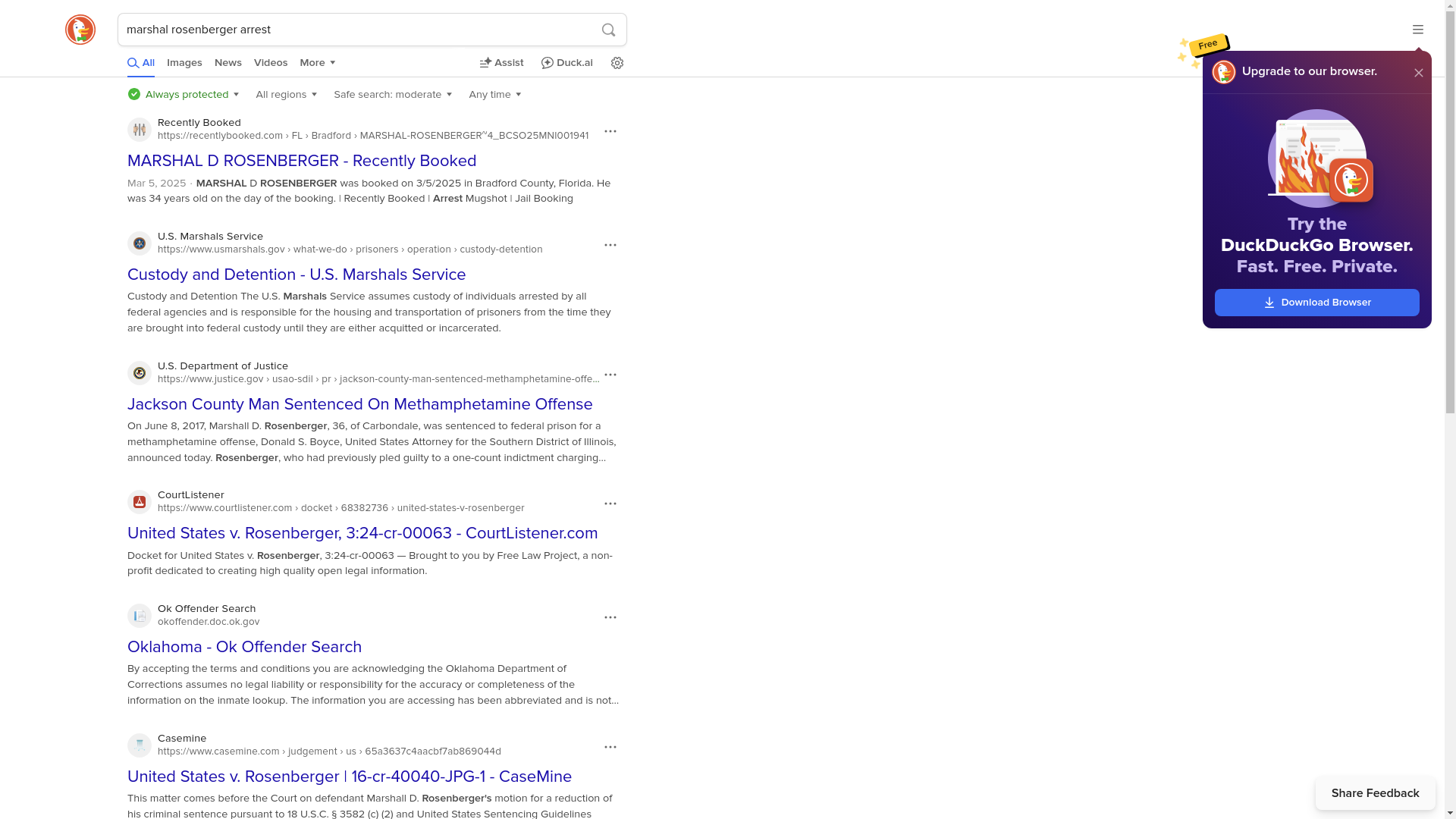 website screenshot of https://duckduckgo.com/search?q=marshal+rosenberger+arrest