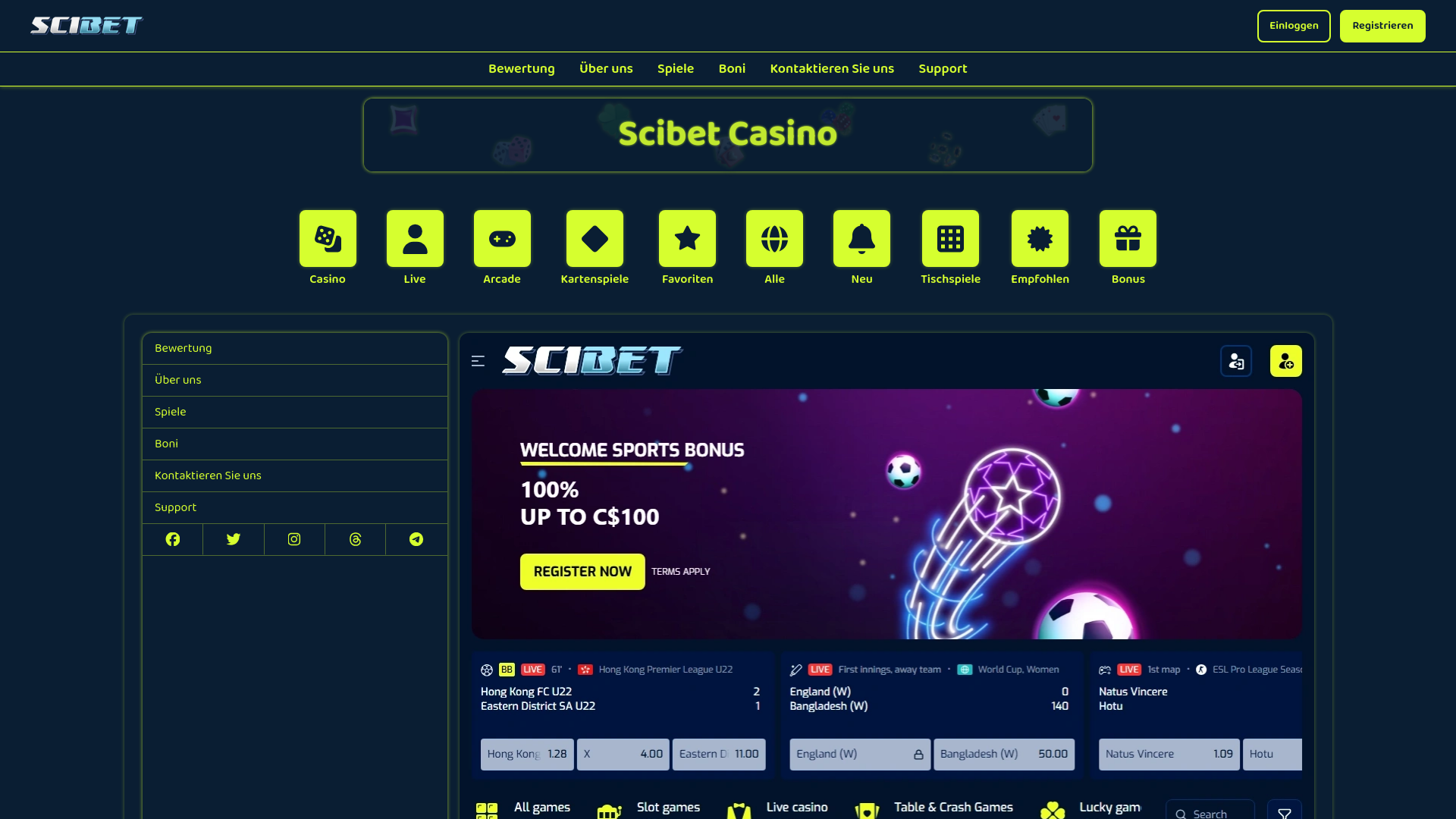 website screenshot of https://scibet-casino.de