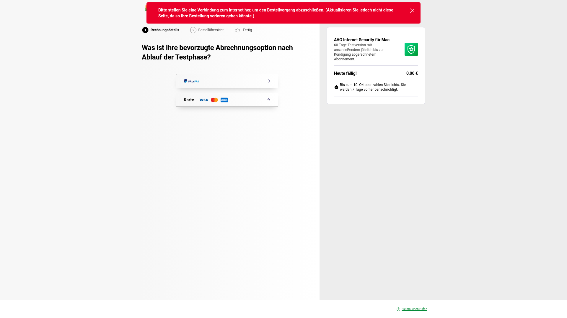 website screenshot of https://checkout.avg.com/de-de/web?product=ism.1.12m.tr.60&quantity=1&campaignMarker=WDG~de-de~homepage~~~trSrcCookieValue&provider=gen&t=1754927607&h=5e33ab0aa54009807e3ee0b6ba3abf7ac2d7c949cdfb47f26e83c2aca4f64bde&clearCart=1