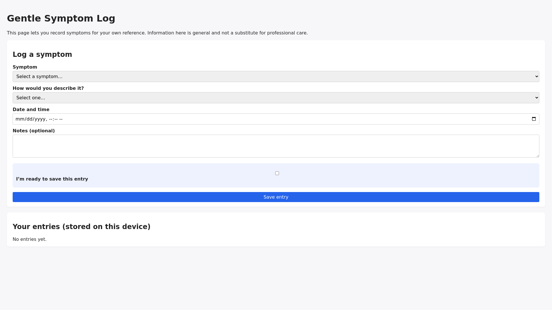 website screenshot of https://gentlesymptomlogger.pages.dev/