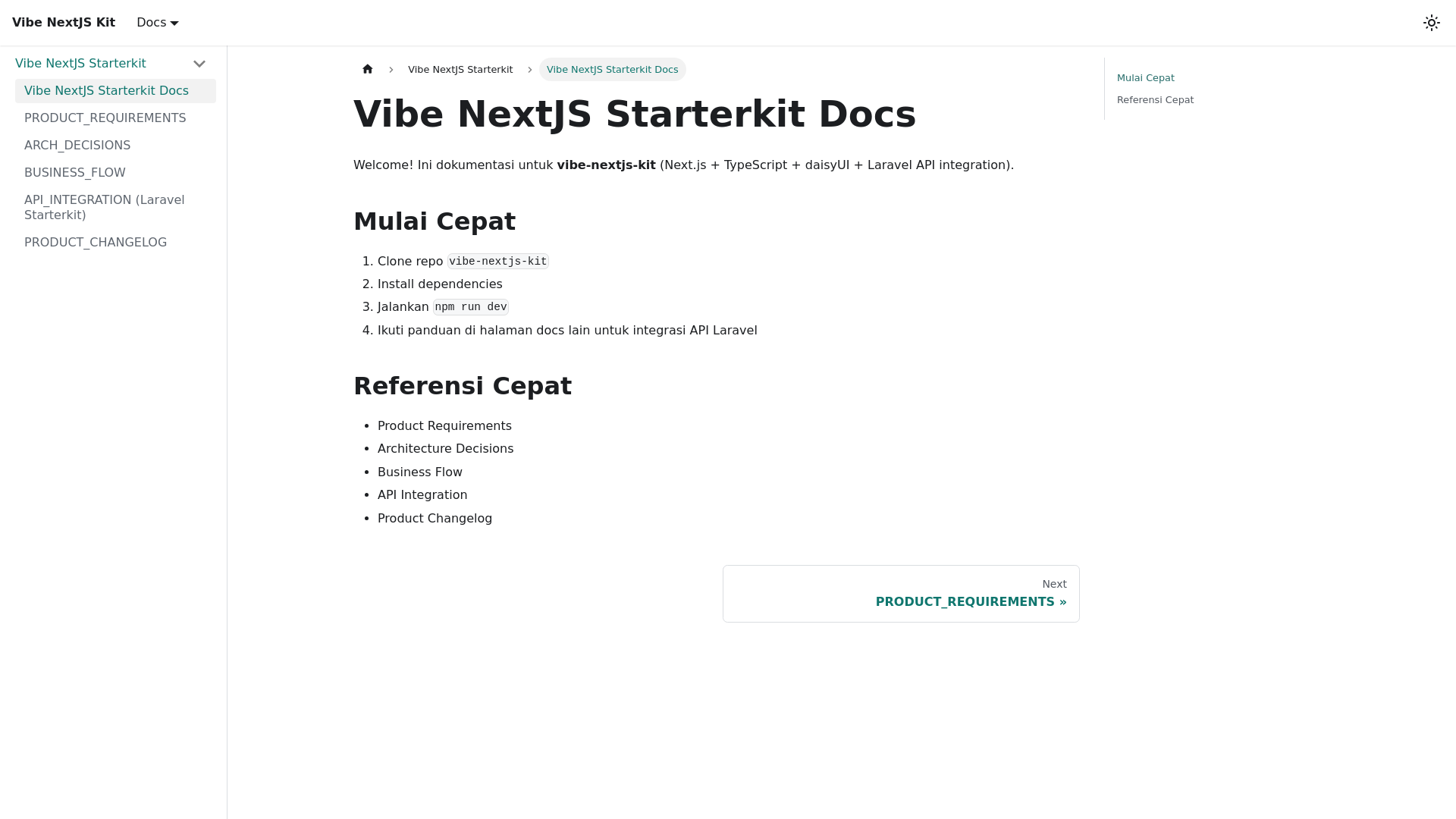 website screenshot of https://vibe-nextjs-starterkit-docs.pages.dev/