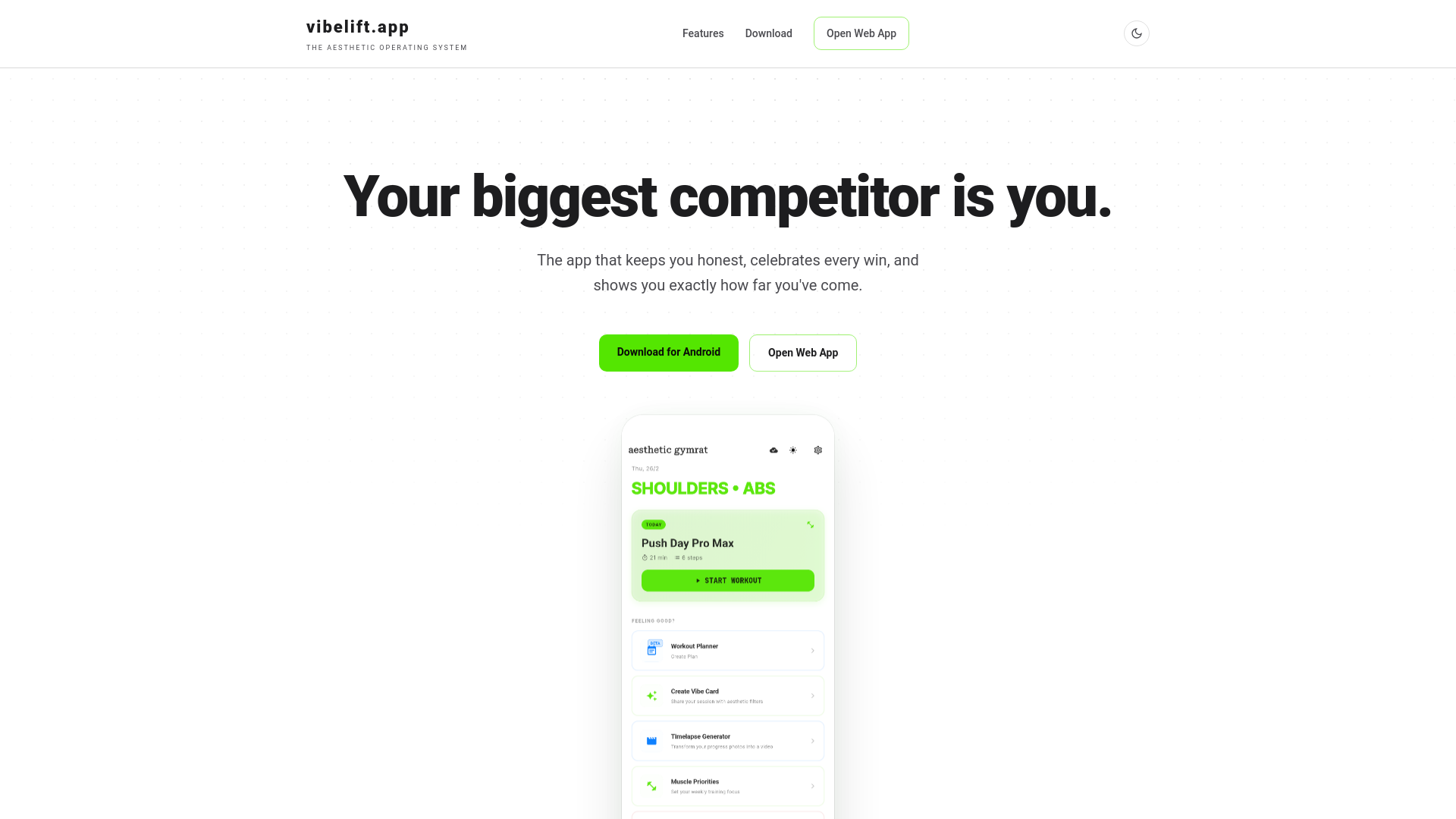 website screenshot of https://vibelift.app/