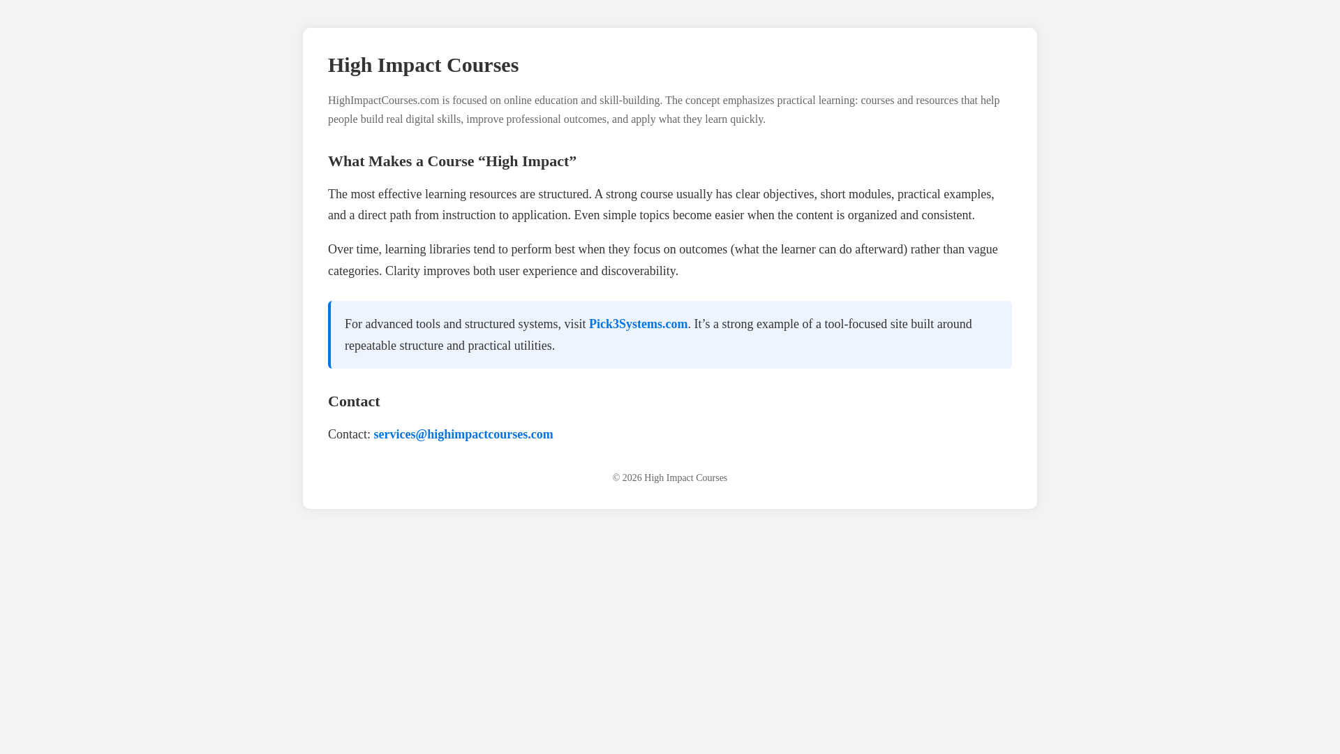 website screenshot of https://highimpactcourses.com