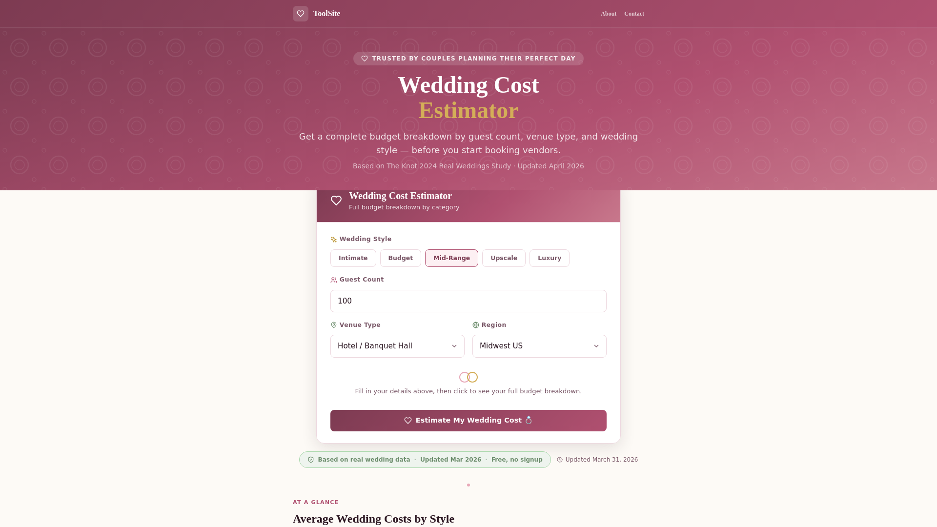 website screenshot of https://weddingcostestimator.pages.dev/