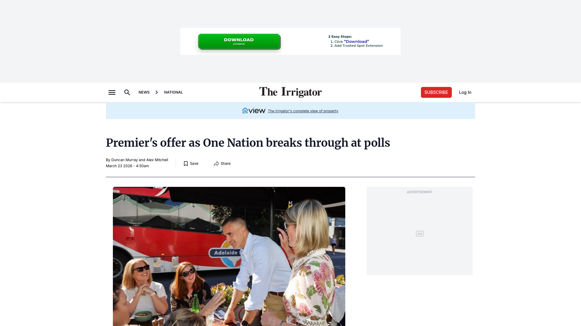 website screenshot of https://www.irrigator.com.au/story/9204611/premiers-offer-as-one-nation-breaks-through-at-polls/
