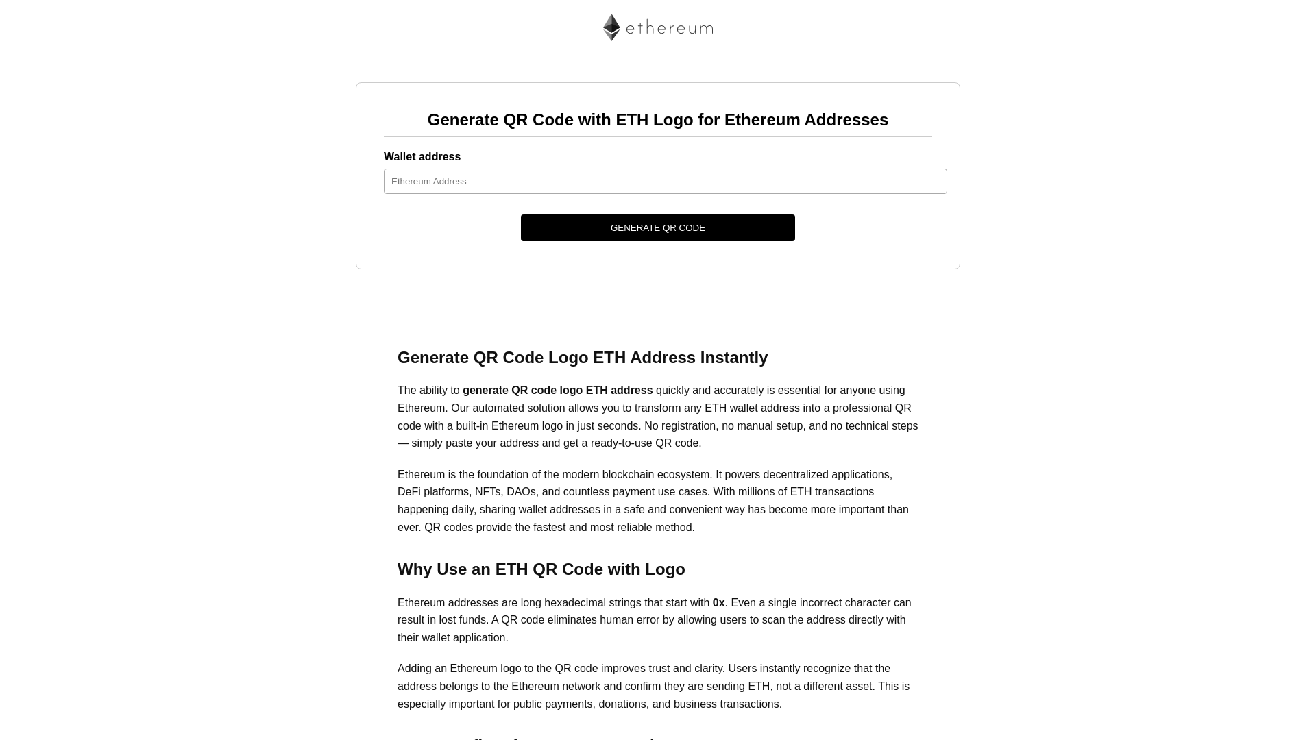 website screenshot of https://generate-eth-address-qr-code.com