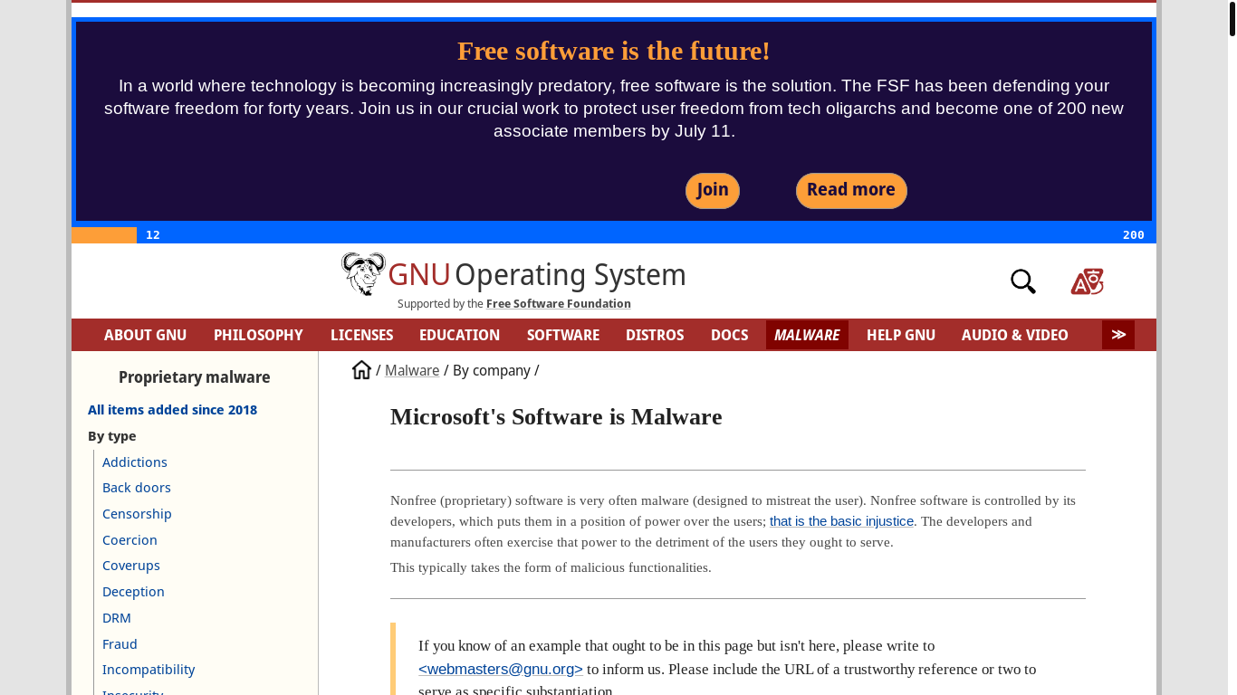 website screenshot of https://www.gnu.org/proprietary/malware-microsoft.en.html